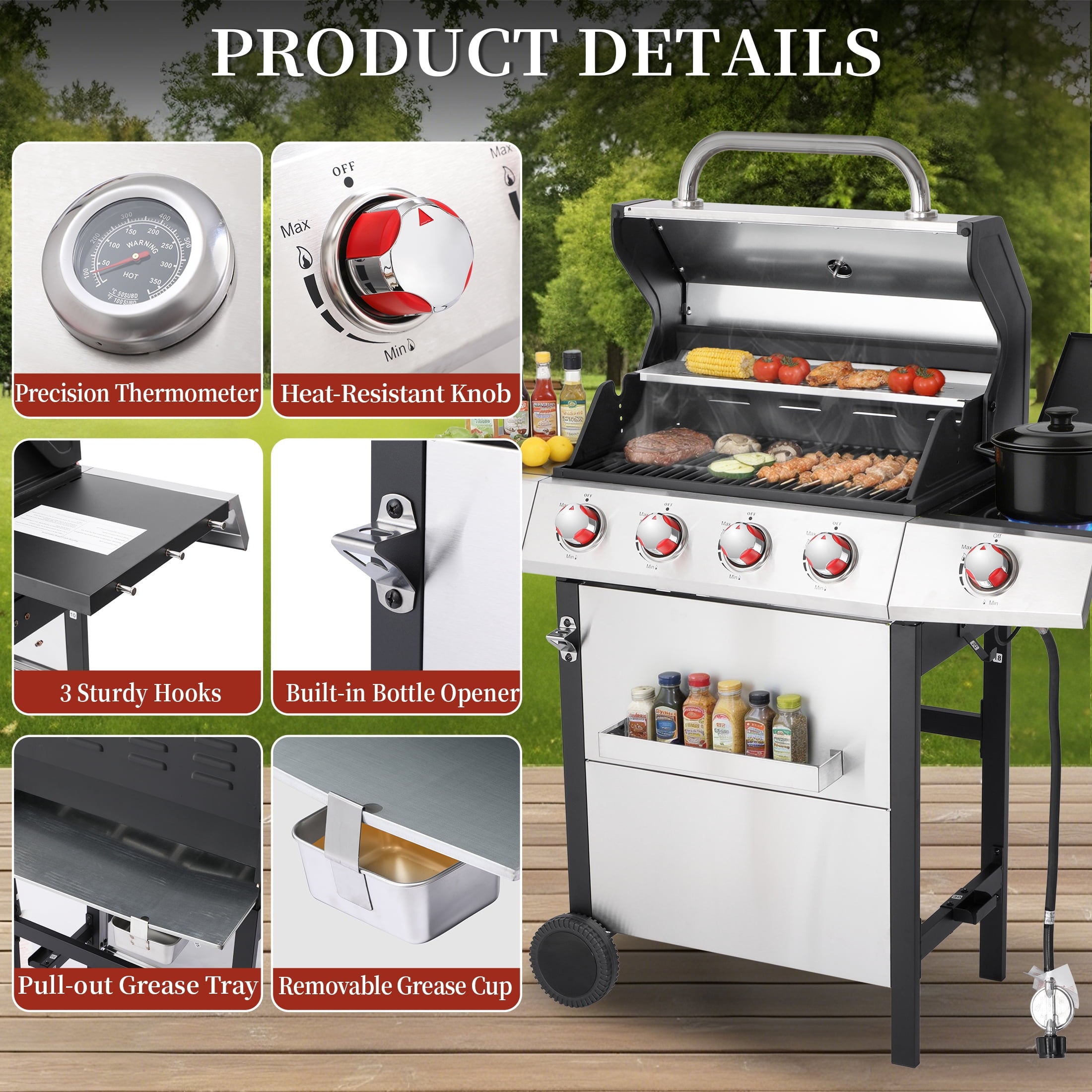 CIG GARDEN 4 Burner Gas Grill Combo with Side Burner, 3 in 1 Gas BBQ Grill with Charcoal Grill and Griddle, 52,000 Outdoor Barbecue Grill