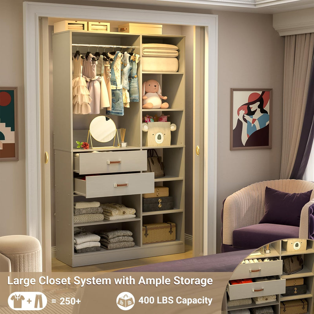 Homieasy 39.4'' W Closet System with Wooden Drawers and Hanging Rods, White