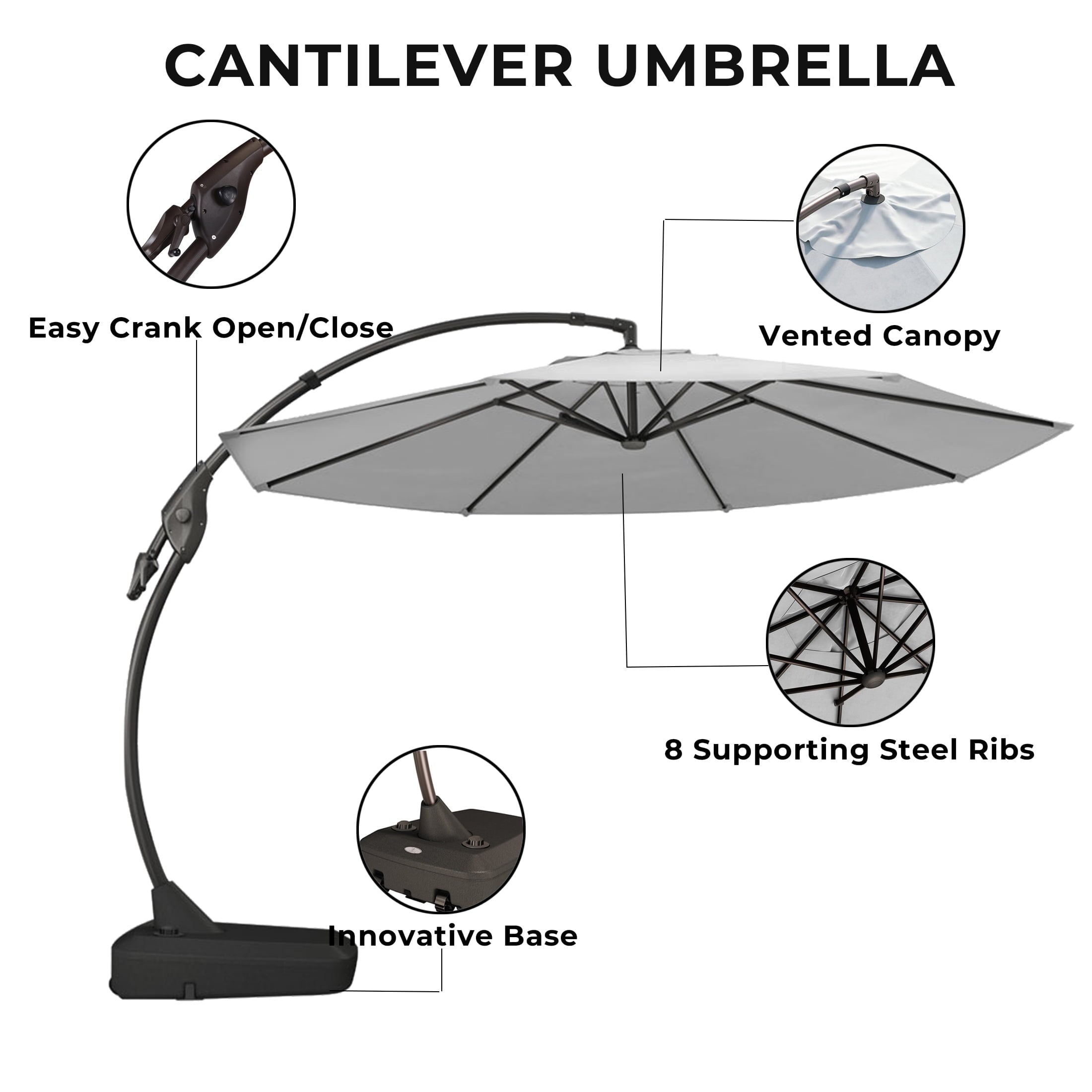 GRANDPATIO 12 Ft Outdoor Umbrella with Base, Large Aluminum Cantilever Offset Umbrella for Patio Pool, Black & White