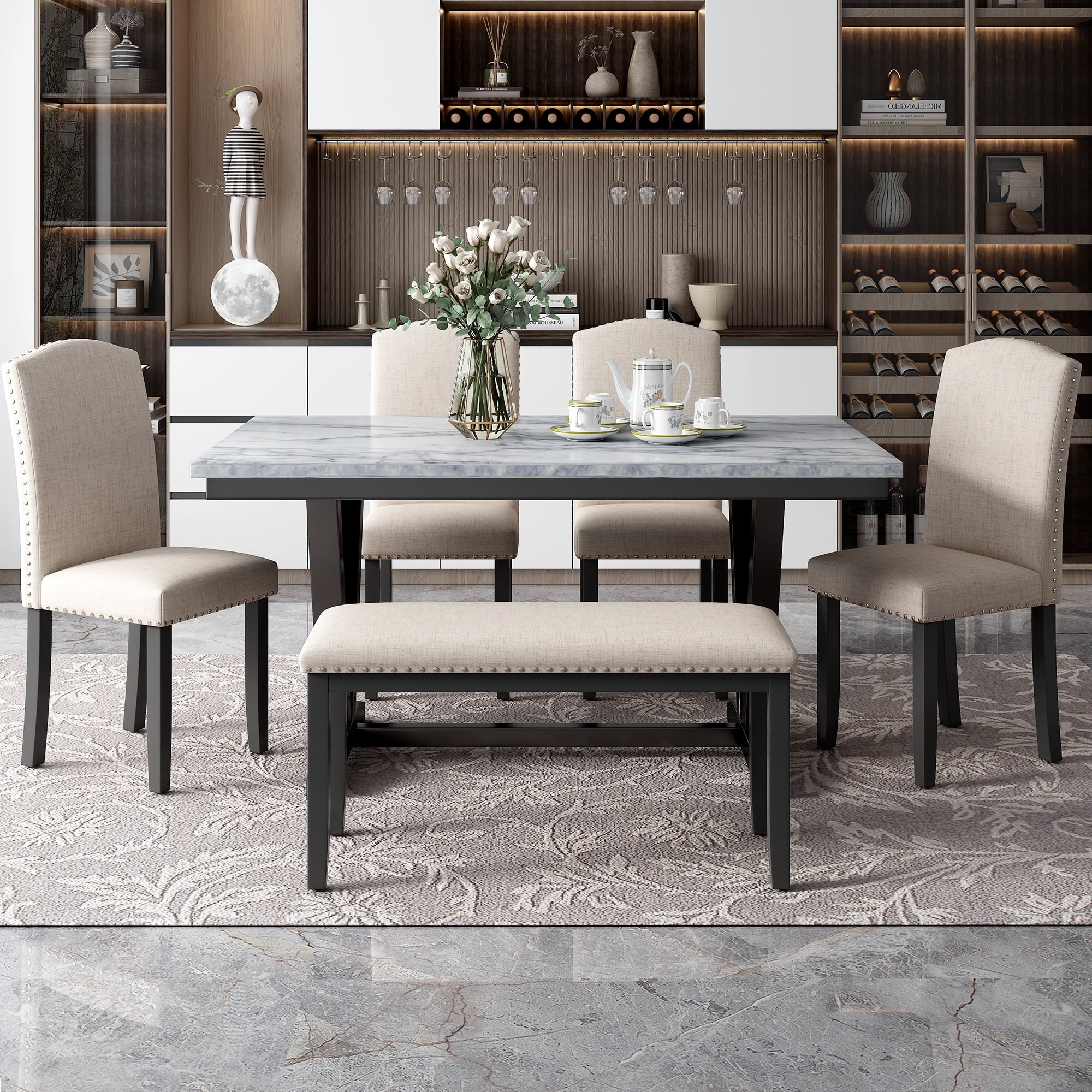 Harper & Bright Designs Dining Table Set for 6 with Bench Rectangular Table and 4 Upholstered Chairs for Kitchen, Gary