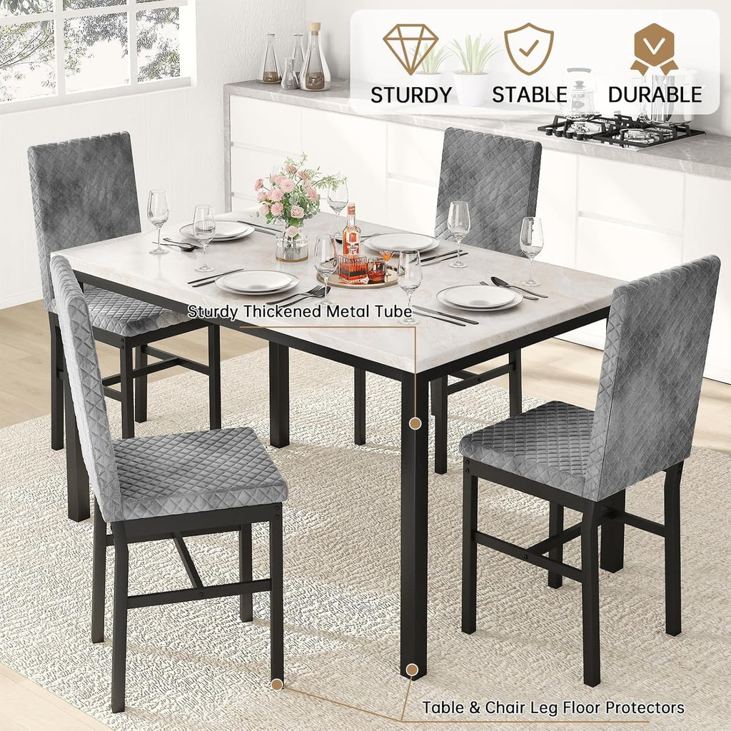 Baxluxe Dining Table Set for 4, Modern 5 Piece Dining Table Set, Faux Marble Kitchen Table and 4 Velvet Upholstered Chairs for Apartments, Dining Rooms, Small Spaces, Gray