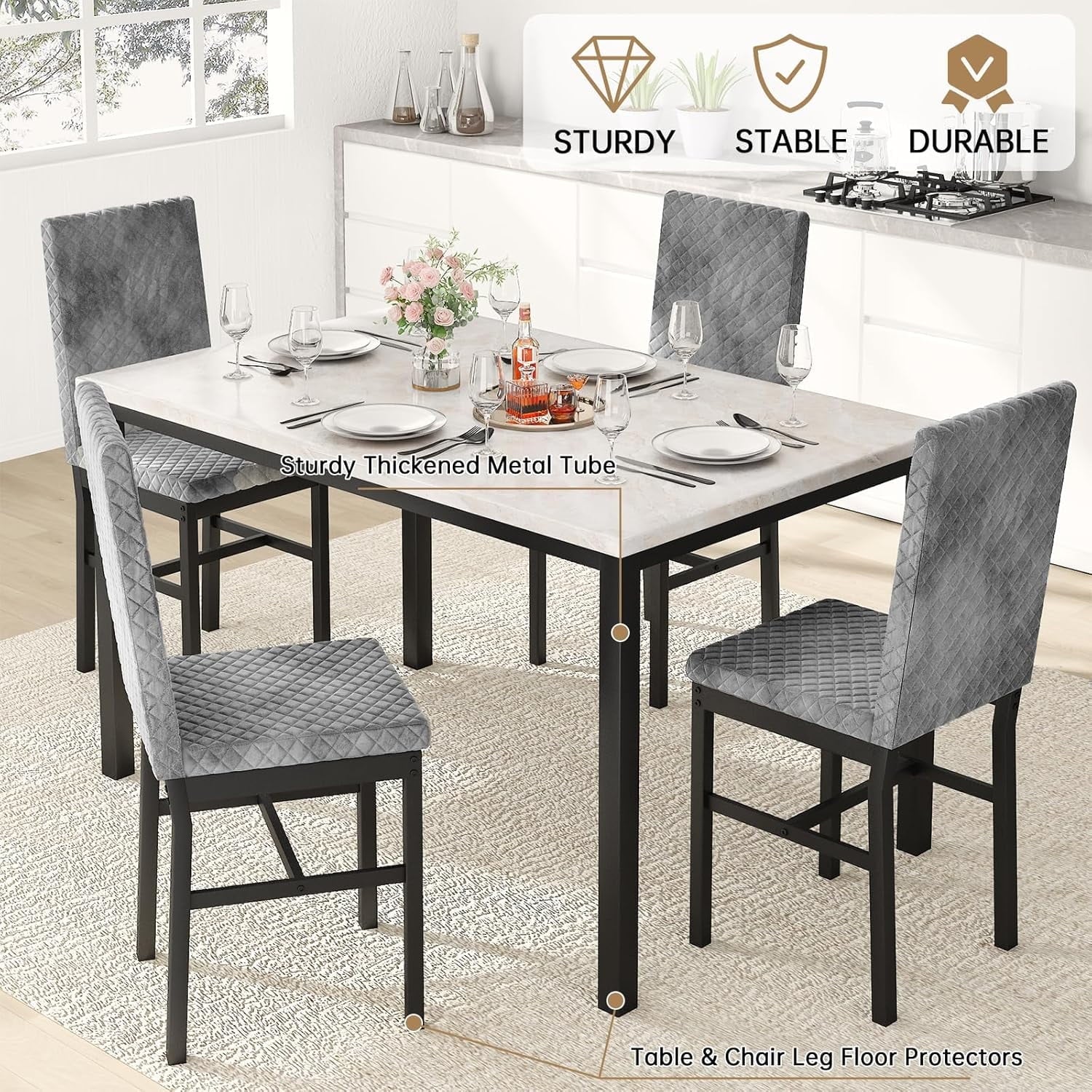 Baxluxe Dining Table Set for 4, Modern 5 Piece Dining Table Set, Faux Marble Kitchen Table and 4 Velvet Upholstered Chairs for Apartments, Dining Rooms, Small Spaces, Gray