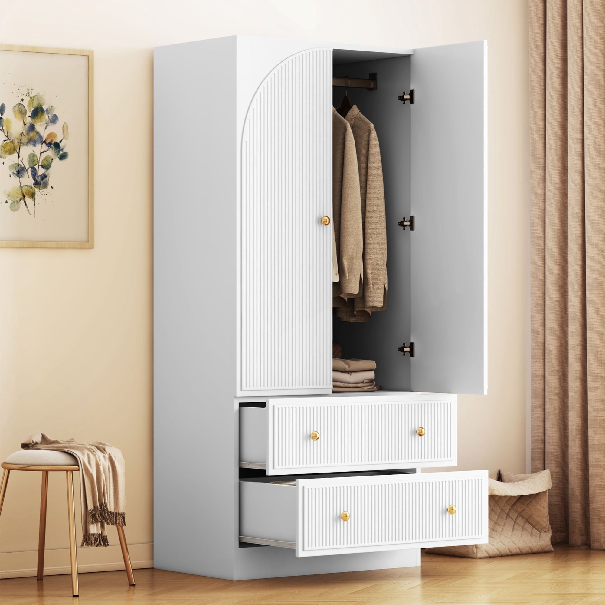 Wirrytor Freestanding Wooden Armoire Wardrobe with 2 Woven Doors and Storage Drawers, Space-Saving Closet Cabinet for Bedroom, Sturdy Mdf Board Closet with Hanging Rail