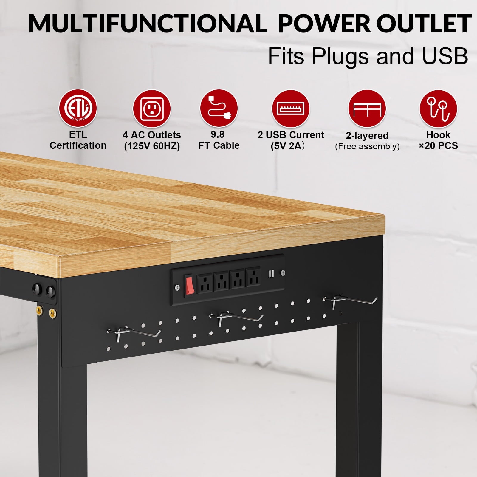 MUWOOD 96-inch Adjustable Height Workbench with Adjustable Height, Wood Worktop, 5000 LBS Load Capacity for Garage, Workshop