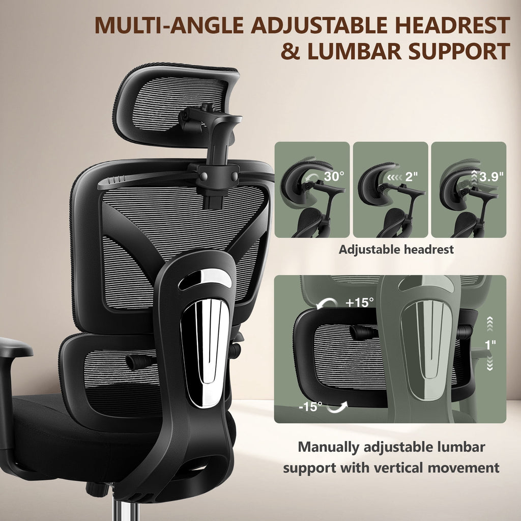 COOLHUT Ergonomic Mesh Office Chair with Footrest, Big and Tall Computer Desk Chair with Adjustable Lumbar Support, Headrest and Armrest, High Back Home Office Chair for Workspace, 300LBS, Black