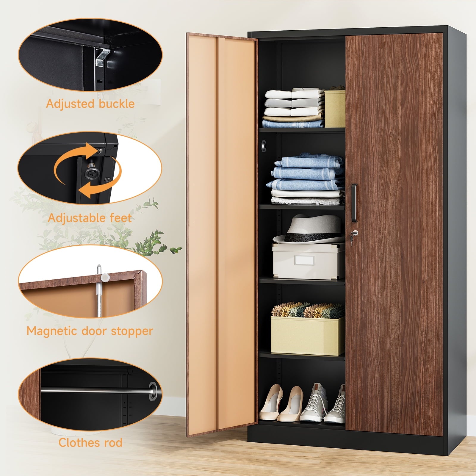 STANI Metal Wardrobe Closet with Hanging Rod, 72 White Armoire Wardrobe Cabinet with Adjustable Shelves, Clothes Storage Organizer Cabinets for Bedroom, Bathroom, Office