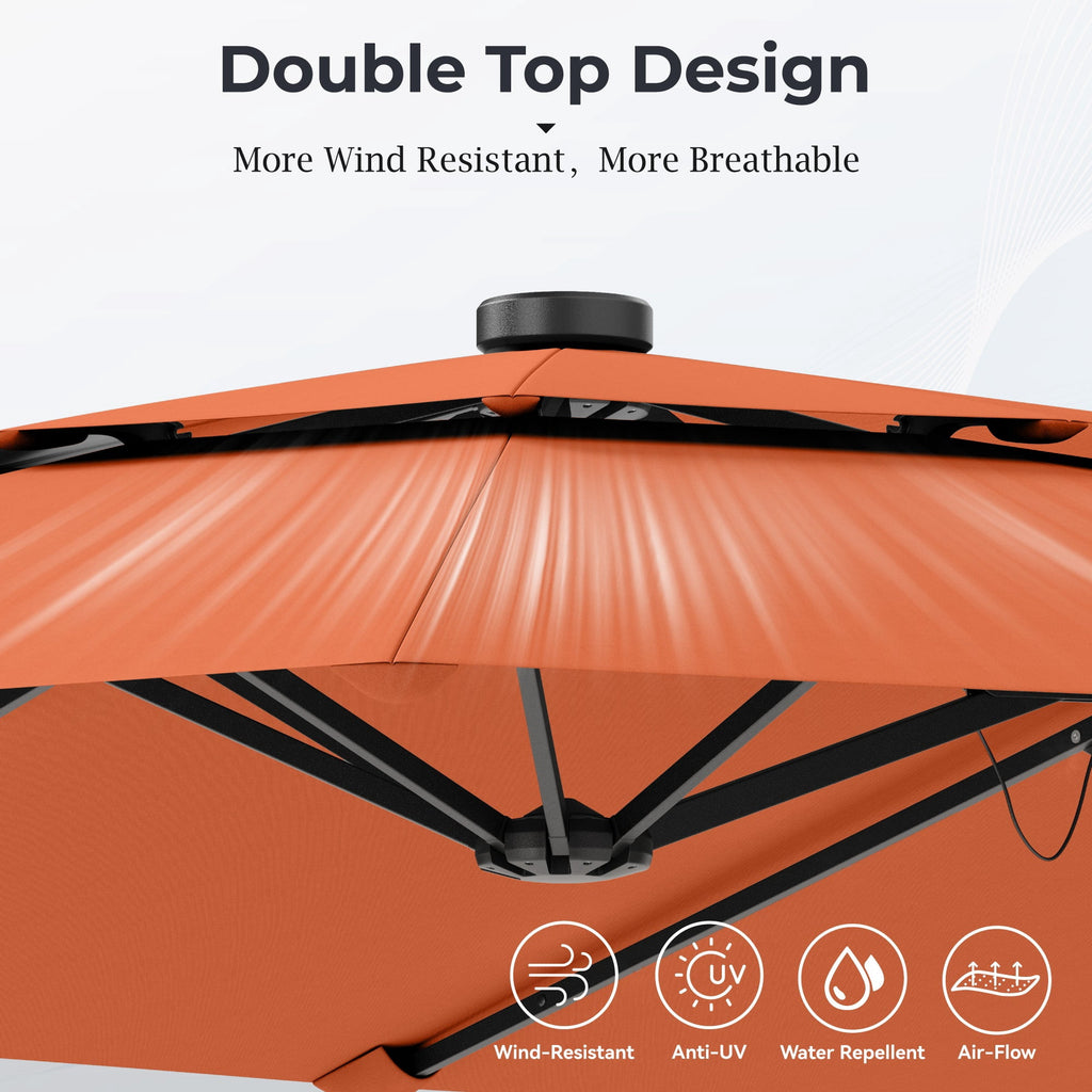 Alpha Joy 15ft Dual-Layer Extra Large Outdoor Patio Umbrella Double-Sided Ventilation Umbrella with Led Lights & Umbrella Base, Beige