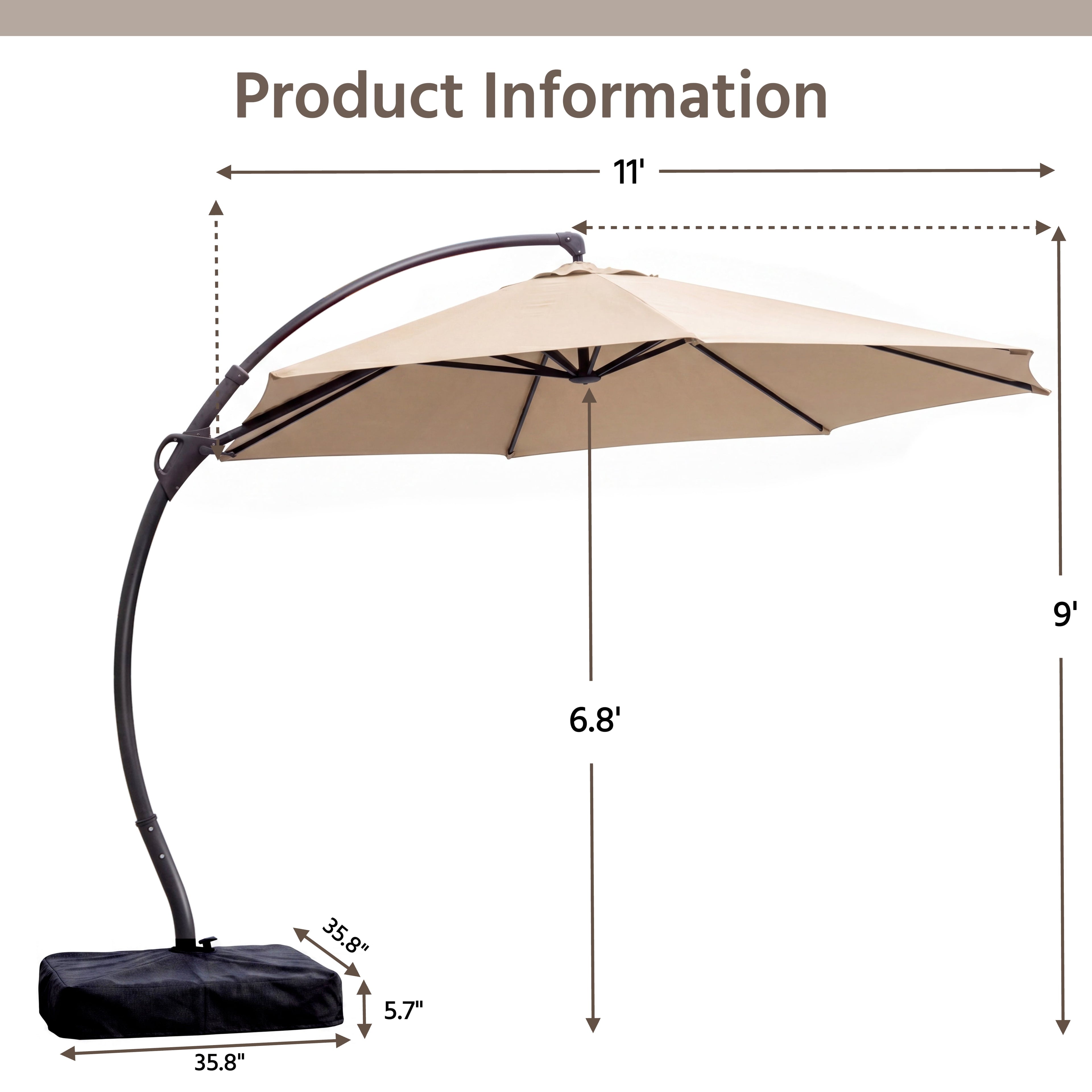 KAMEROUT 11FT Patio Umbrella with Fabric Sandbag Base, Outdoor Deluxe Curvy Cantilever Umbrella for Pool Deck, Champagne
