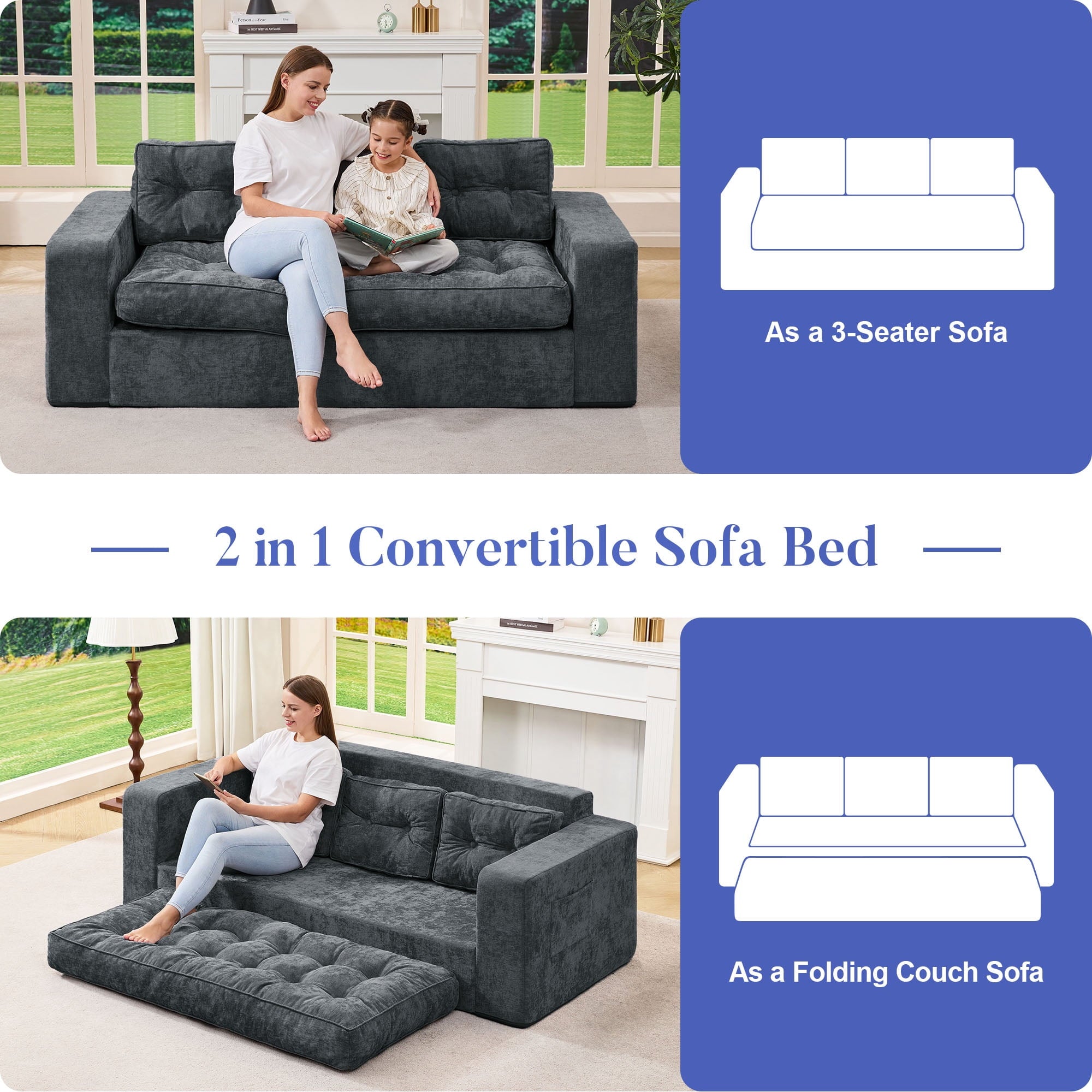 Hobestluk 3-Seater Sofa Boneless Couch with Tufted Button Design 2 in 1 Comfy Cloud Couch Oversized Sofa for Living Room Bedroom Apartment or Office (Grey, 3 Seater)