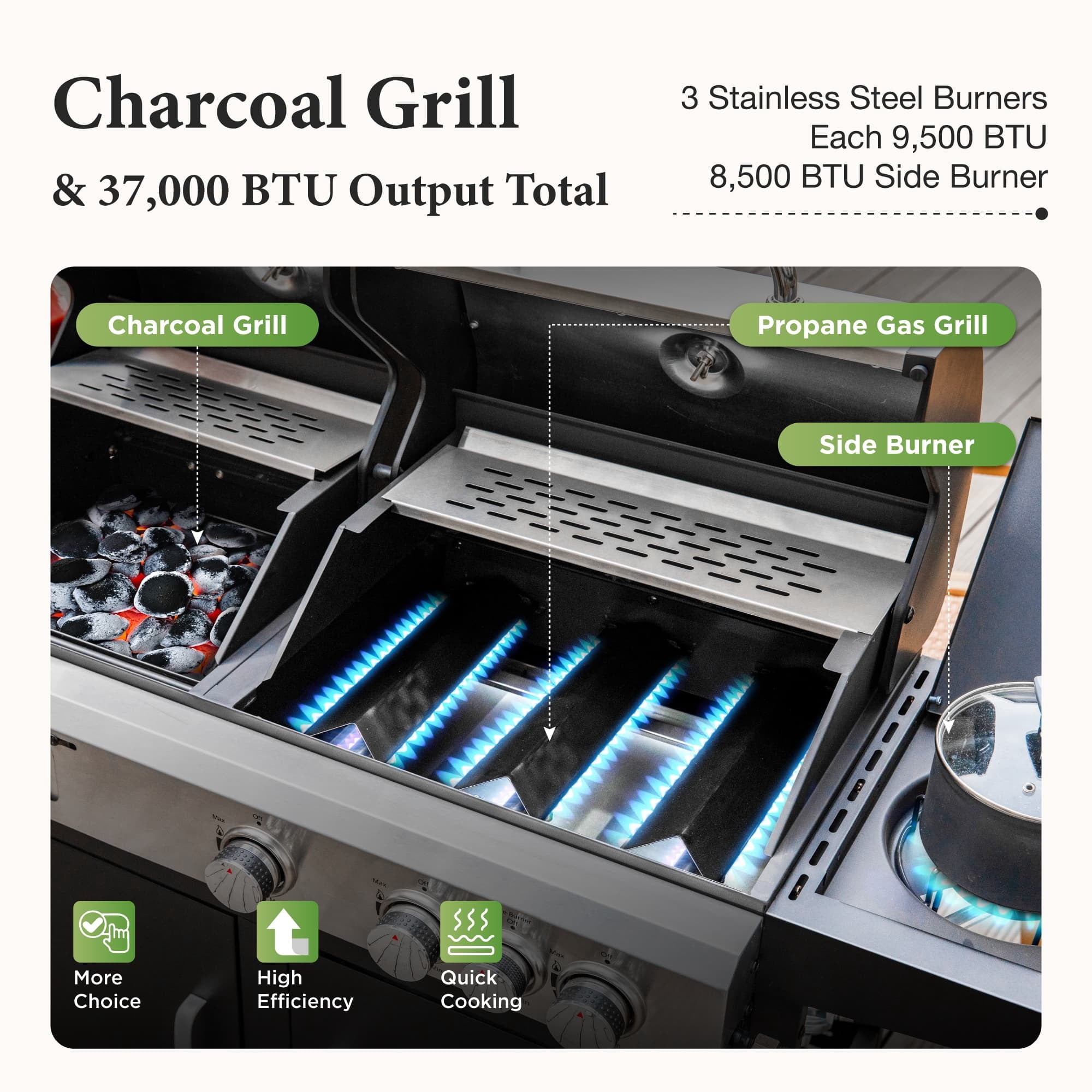 MF Studio Gas and Charcoal Grill Combo Dual Fuel 3-burner 37,000 BUT BBQ Grill with Side Burner