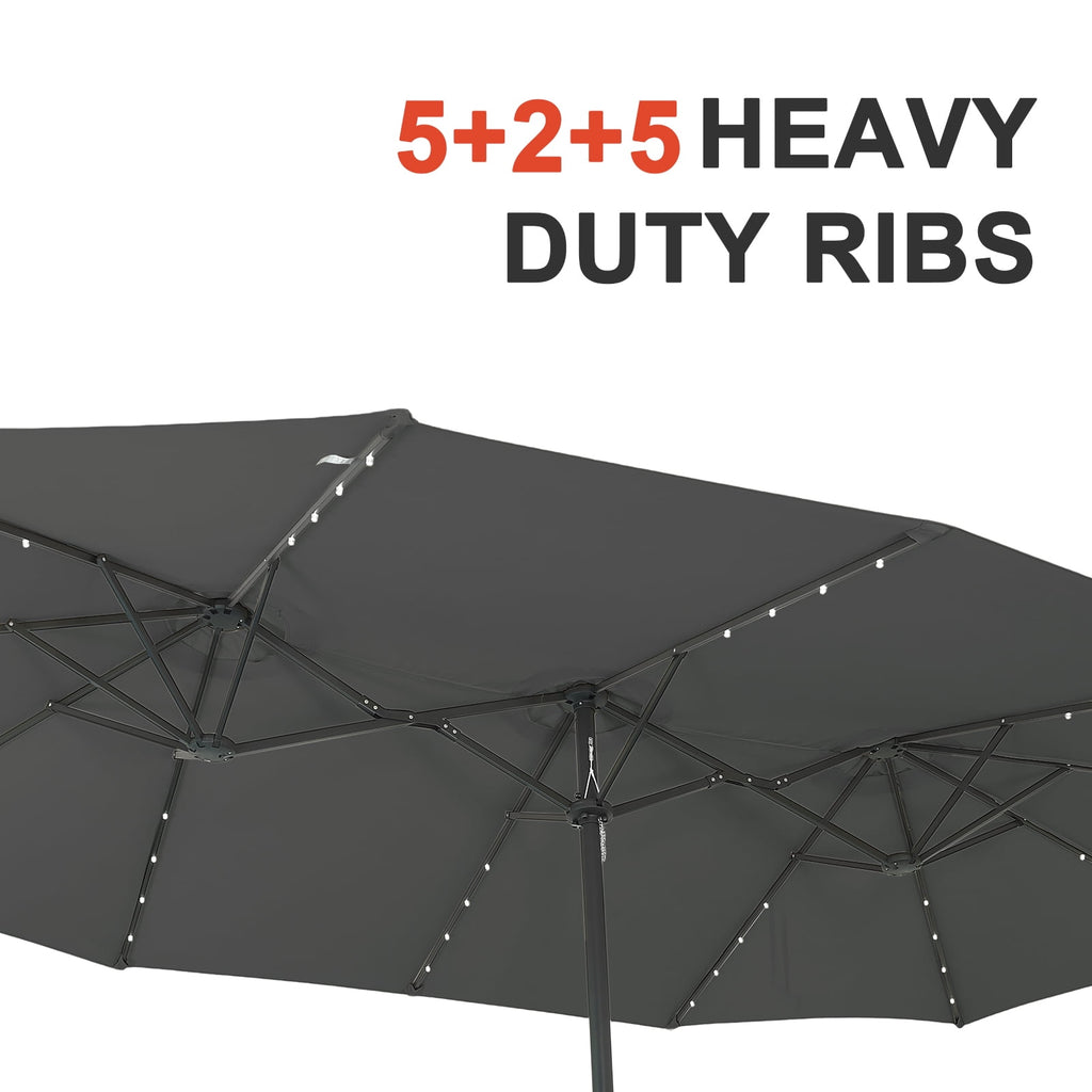 Ainfox 15ft Large Patio Umbrella with Solar Lights, Double-Sided Outdoor Rectangle Table Umbrellas with Sand Bag Base，Beige