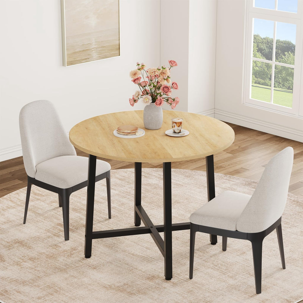 31.5 Round Dining Table for 4 People, Modern Wood Circle Kitchen Table with Sturdy Industrial Metal Frame, Small Space Saving Dining Room Table for Apartment & Breakfast Nook, (No Chairs), Walnut