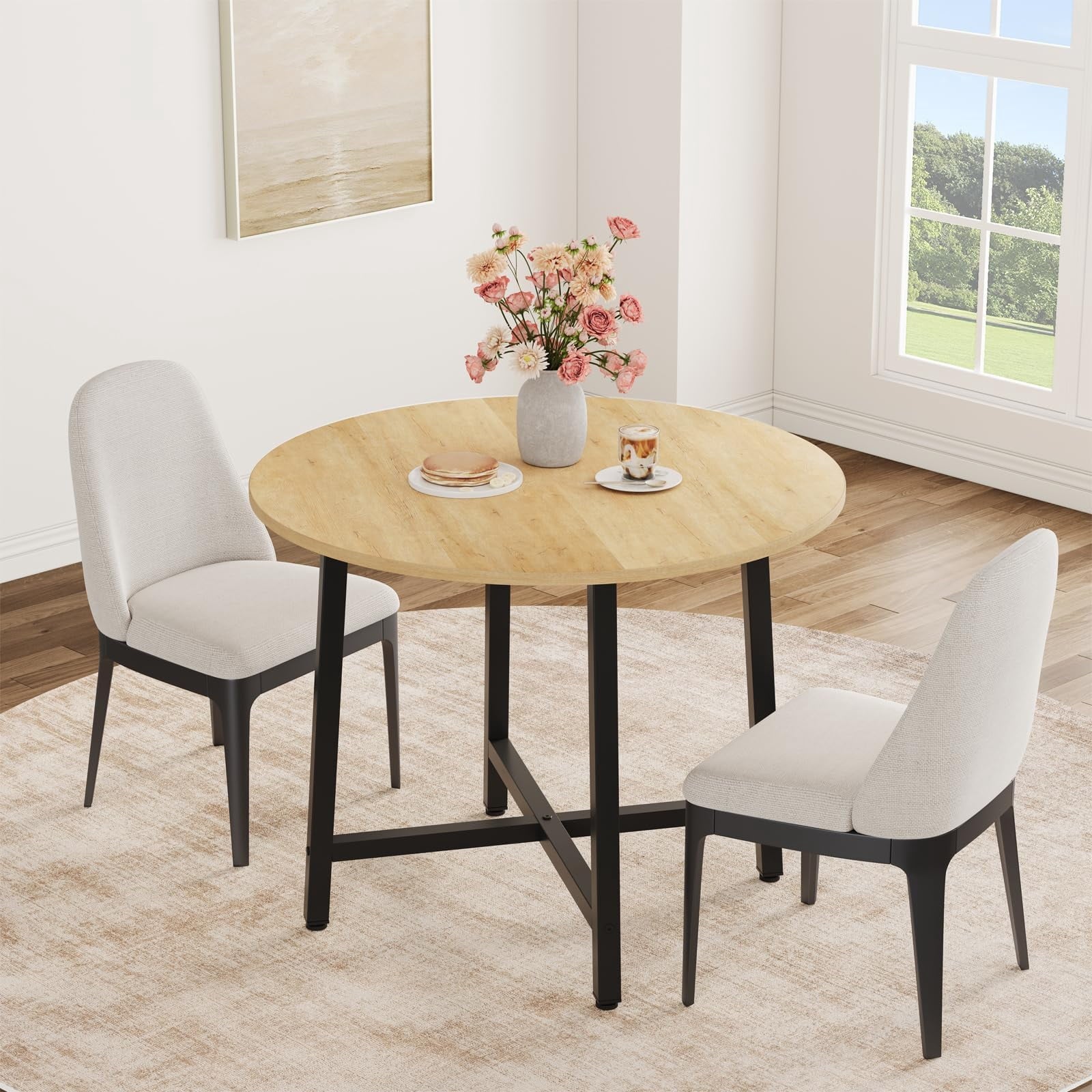 31.5 Round Dining Table for 4 People, Modern Wood Circle Kitchen Table with Sturdy Industrial Metal Frame, Small Space Saving Dining Room Table for Apartment & Breakfast Nook, (No Chairs), Walnut
