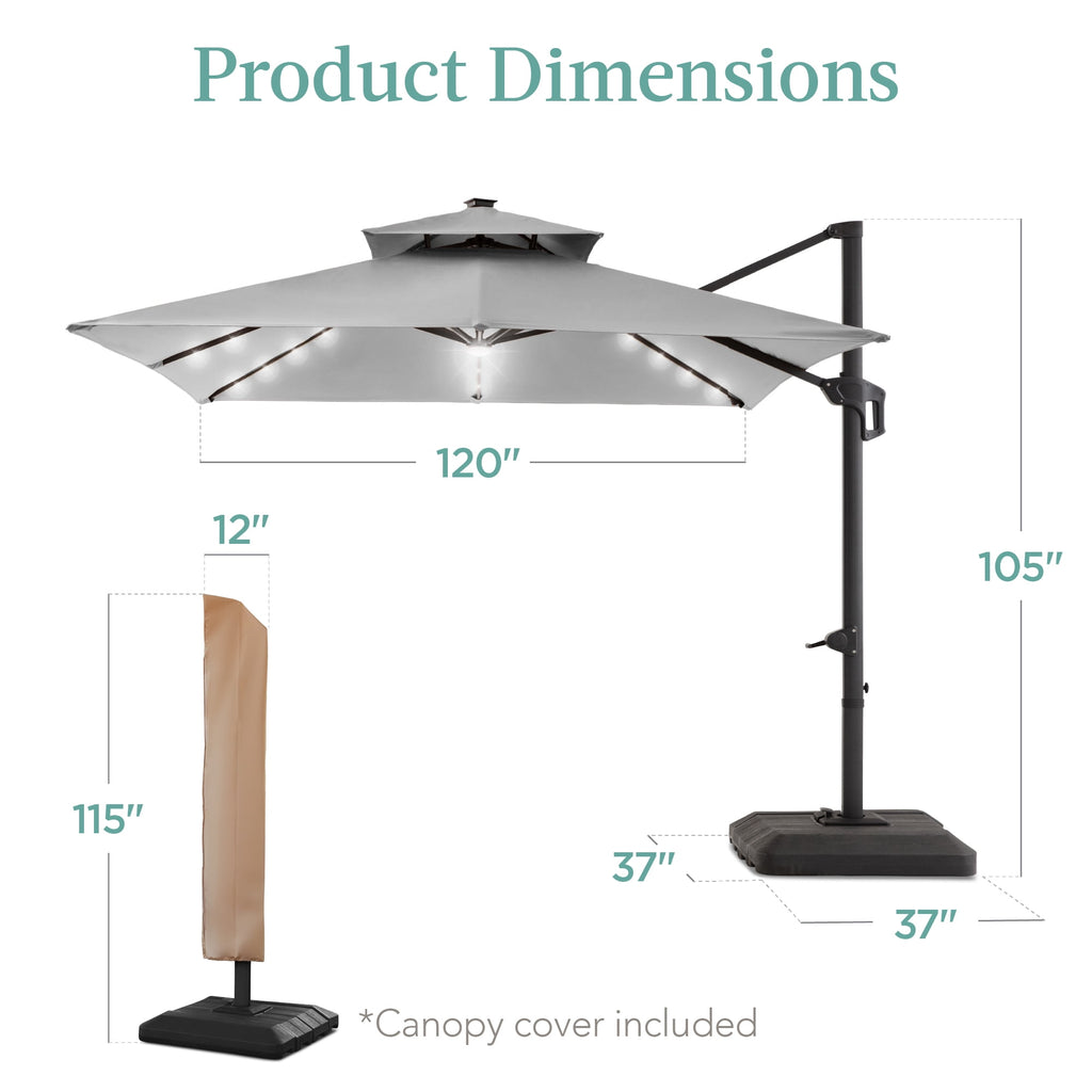 Best Choice Products 10x10ft 2-Tier Square Outdoor Solar LED Cantilever Patio Umbrella w/ Base Included - Tan