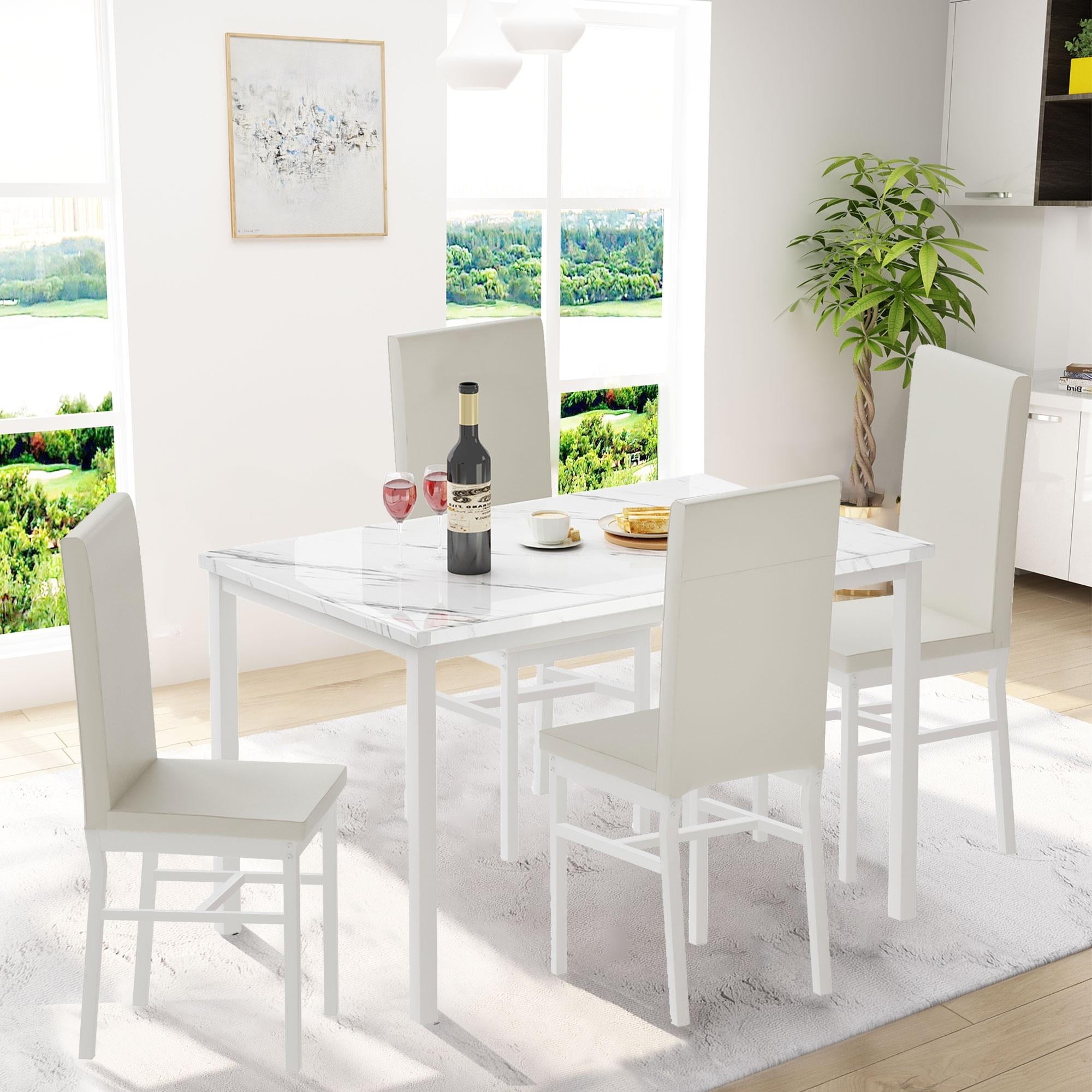 5 Piece Dining Table Set, Modern Faux Marble Tabletop and 4 PU Leather Upholstered Chairs, Rectangle Kitchen Table and Chairs for 4 Persons, Small Dining Set for Bar Dining Room Breakfast Nook