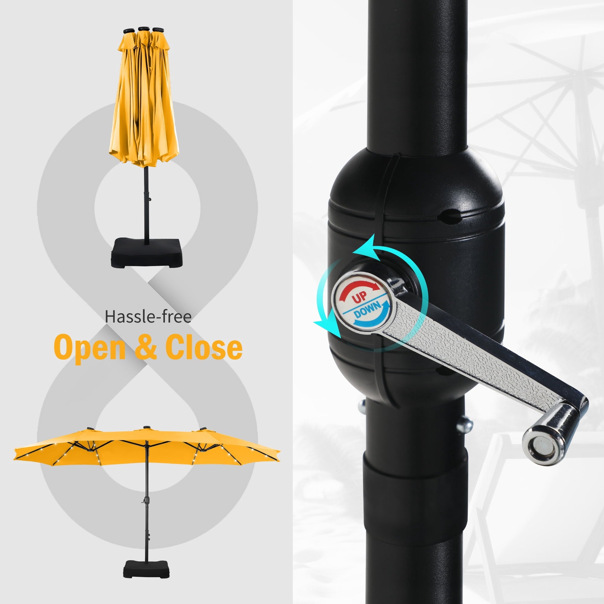SUMMIT LIVING 15 FT Double-Sided Solar Patio Umbrella with Base Large Outdoor Umbrella with LED Solar Lights - Haze Blue