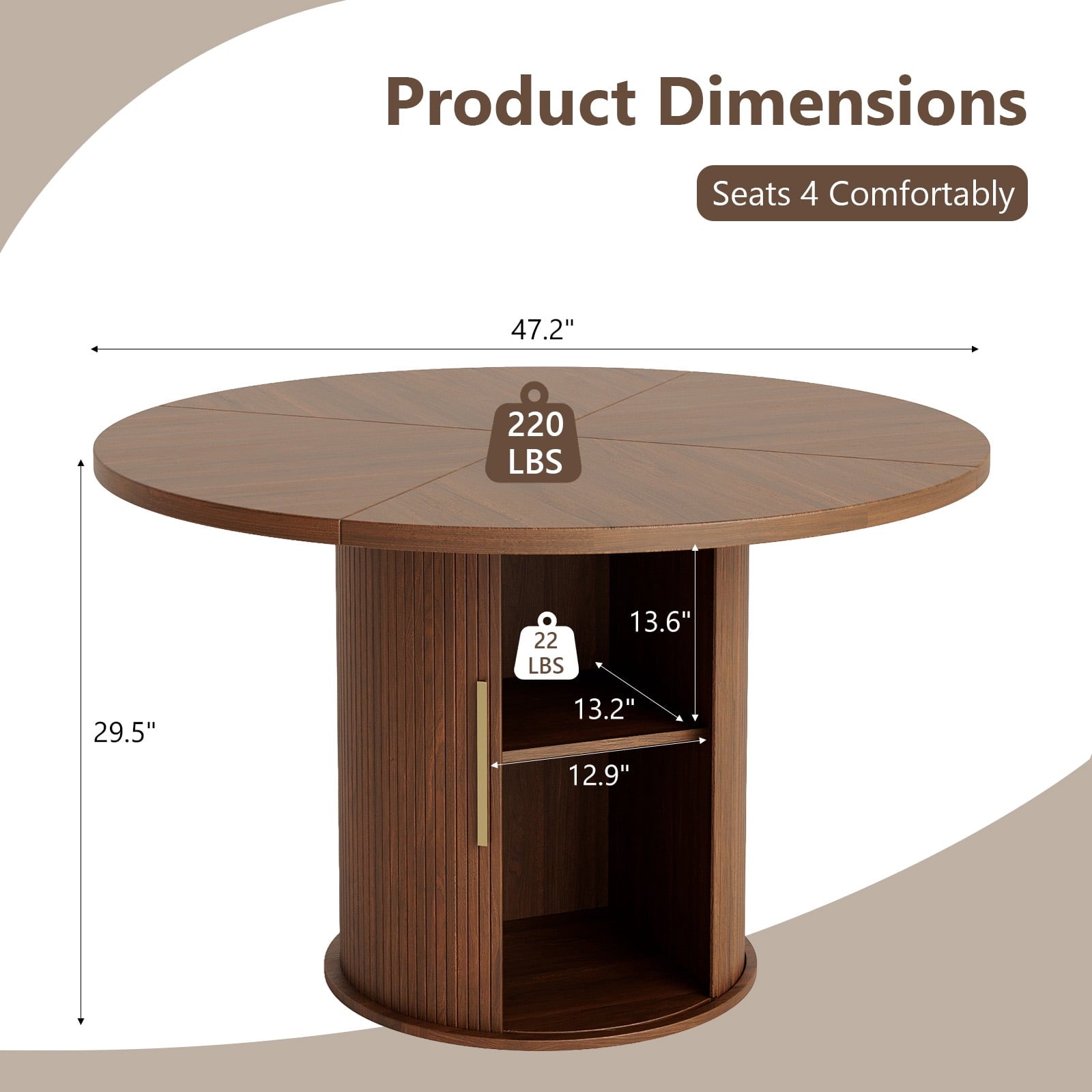 Ktaxon Mid-Century Round Dining Table for 4, 47 Modern Dining Room Table with 2-Tier Storage for Kitchen, Dining Room, Home, Oak