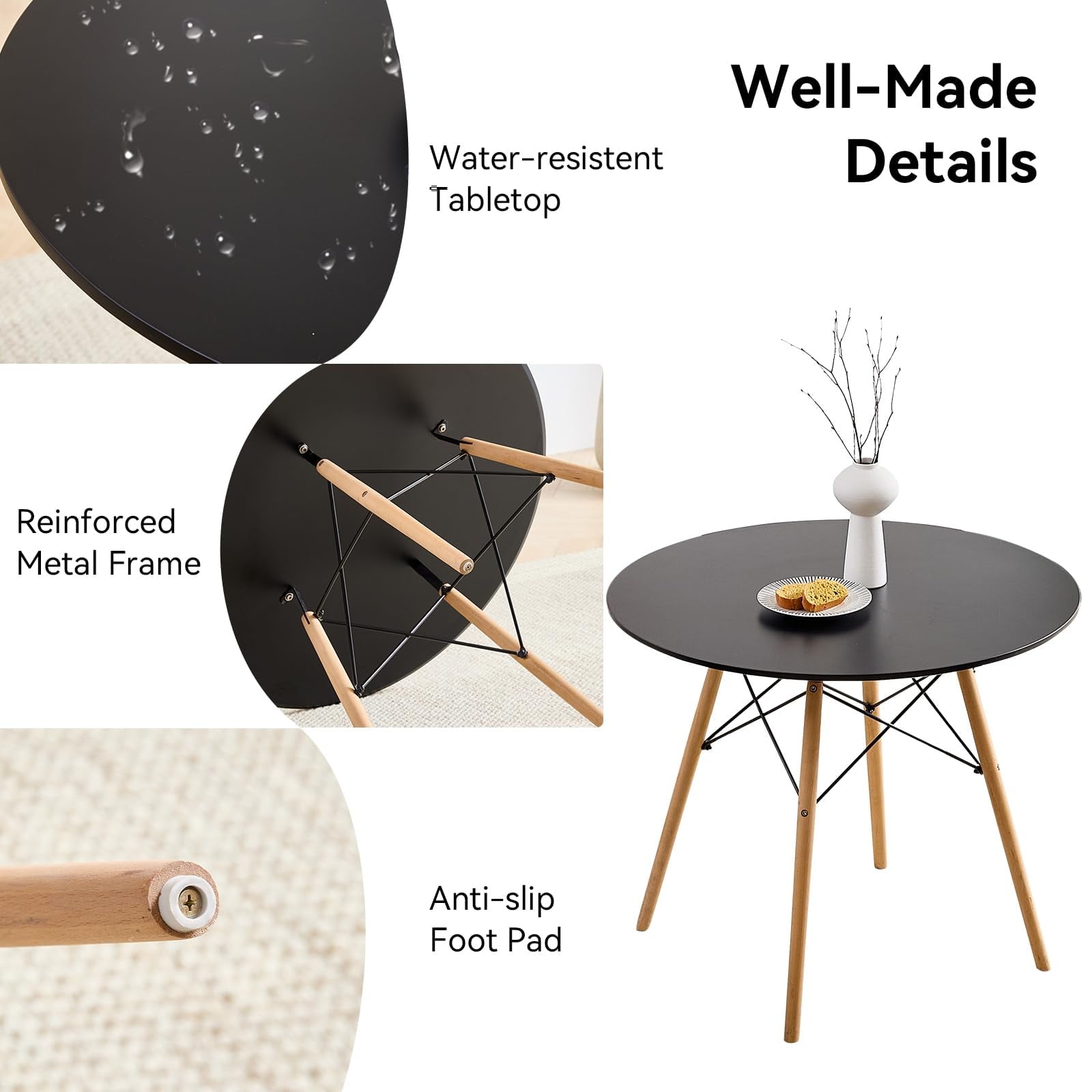 5-Piece 35.5'' Round Dining Table Set for 4, Kitchen Table Chair Set of 4, Mid-Century Modern Dinette Dining Room Table Set Dinner Table for 4 W/Solid Wood Legs, White