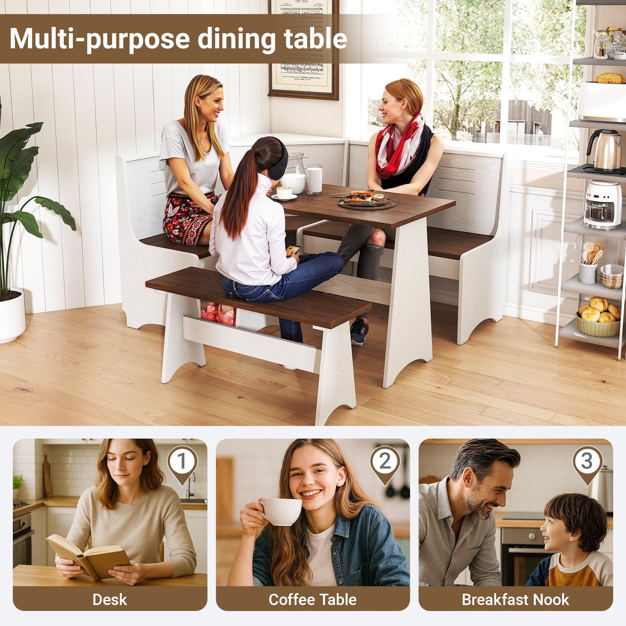 Breakfast Nook Kitchen Corner Dining Table Bench Chair Set, Space-Saving 3-4 Seat L-Shape Farmhouse Mid Century Modern Style for Family Home Black Wood