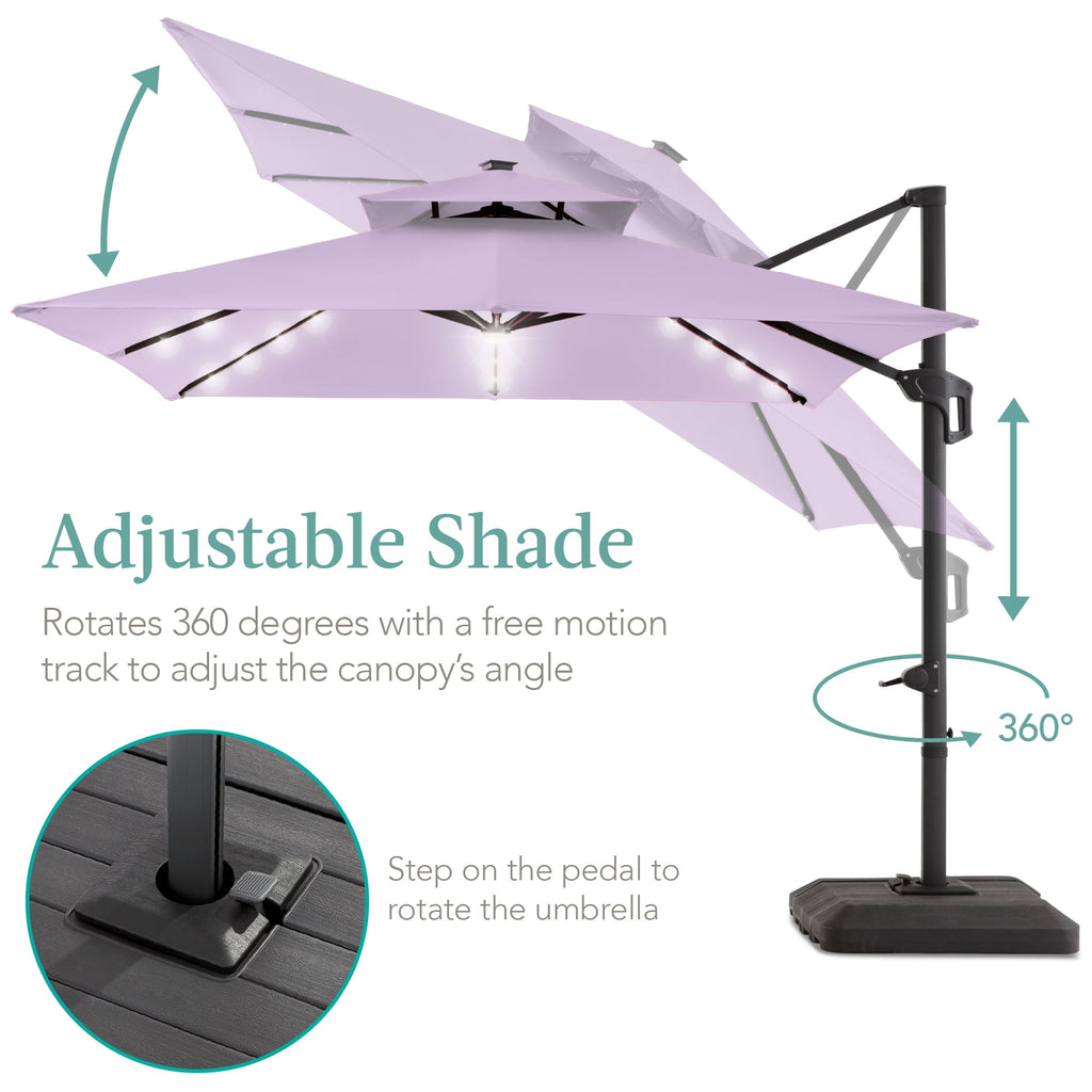 Best Choice Products 10x10ft 2-Tier Square Outdoor Solar LED Cantilever Patio Umbrella w/ Base Included - Tan