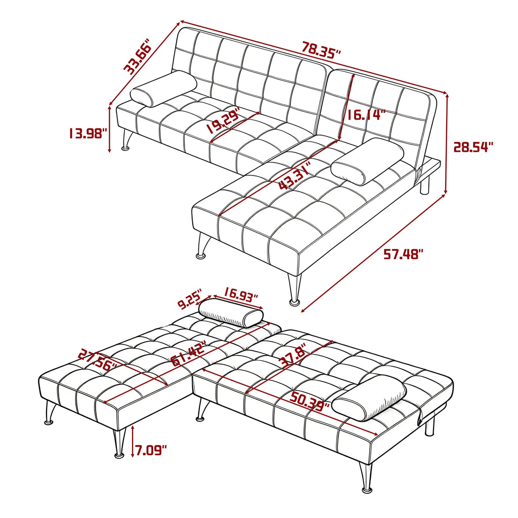 Gewnee 78.35”L-Shaped Velvet Reversible Sectional Sleeper Sofa,Futon Sofa with Adjustable Split Back & Chaise,Couch for Home,Office and Guest Room.Black