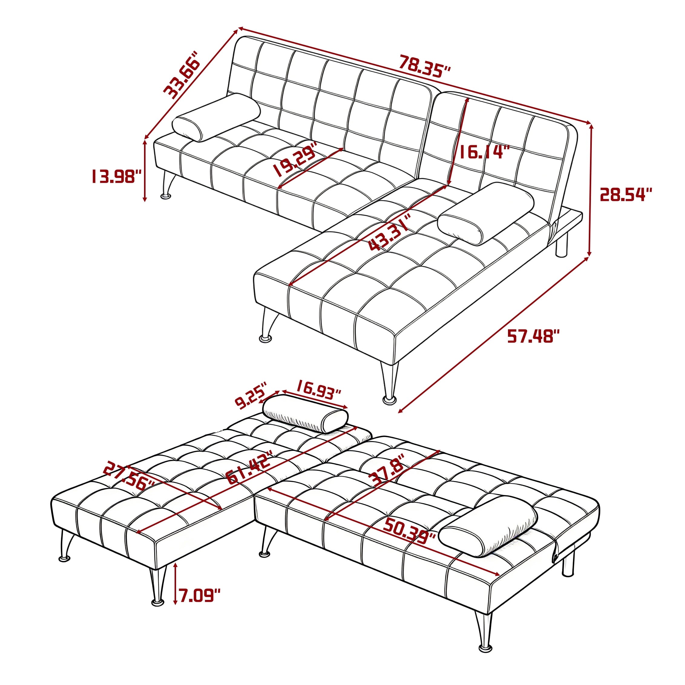 Gewnee 78.35”L-Shaped Velvet Reversible Sectional Sleeper Sofa,Futon Sofa with Adjustable Split Back & Chaise,Couch for Home,Office and Guest Room.Black