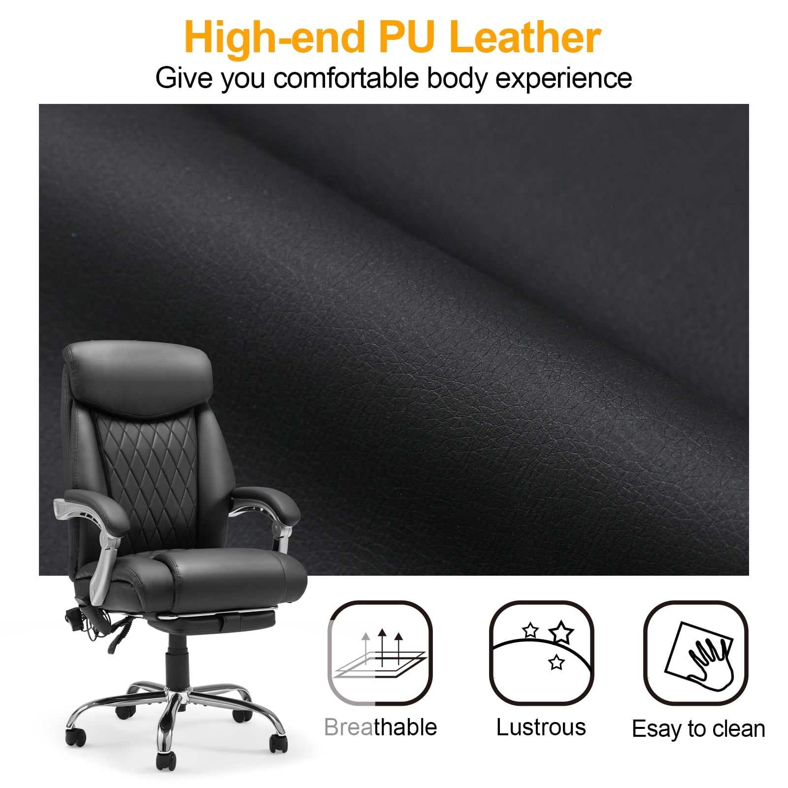 HOMREST Ergonomic Office Chair with 6-Point Massage & Heating, Adjustable Executive Desk Chair with Retractable Footrest, PU Leather Home Office Desk Chair for Home & Office (Black)