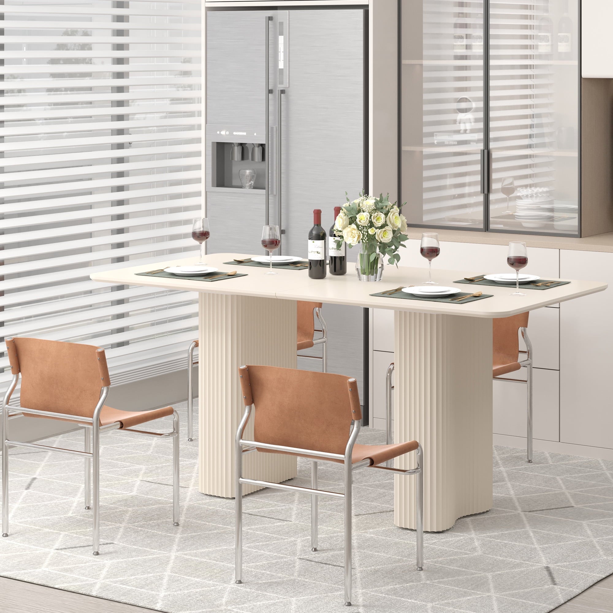 Dextrus 63  Modern Dining Table with Curved Wave Legs, Cream White Rectangular Kitchen Table for 4-6 Person, Dining Room Table for Gathering, Kitchen, Dining Living Room
