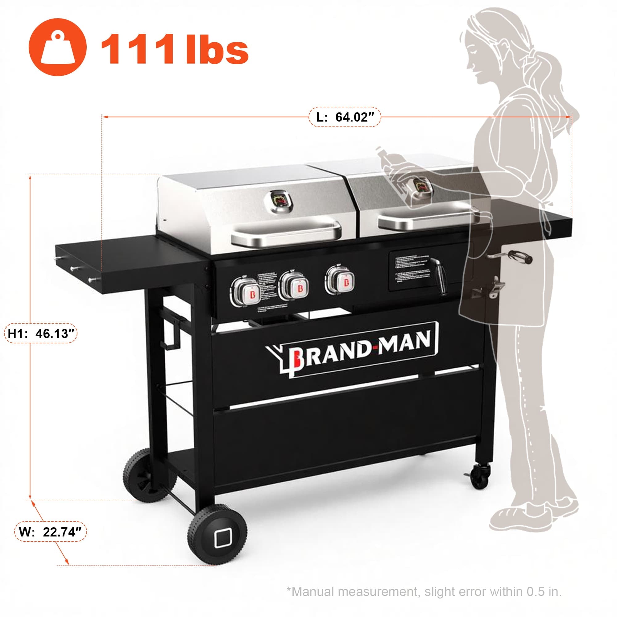 Brand Man Propane 6-Burner Combo Gas Grill with Flat Top Griddle, Heavy Duty 2-in-1 BBQ with Stainless Steel Lids for Outdoor Barbecue