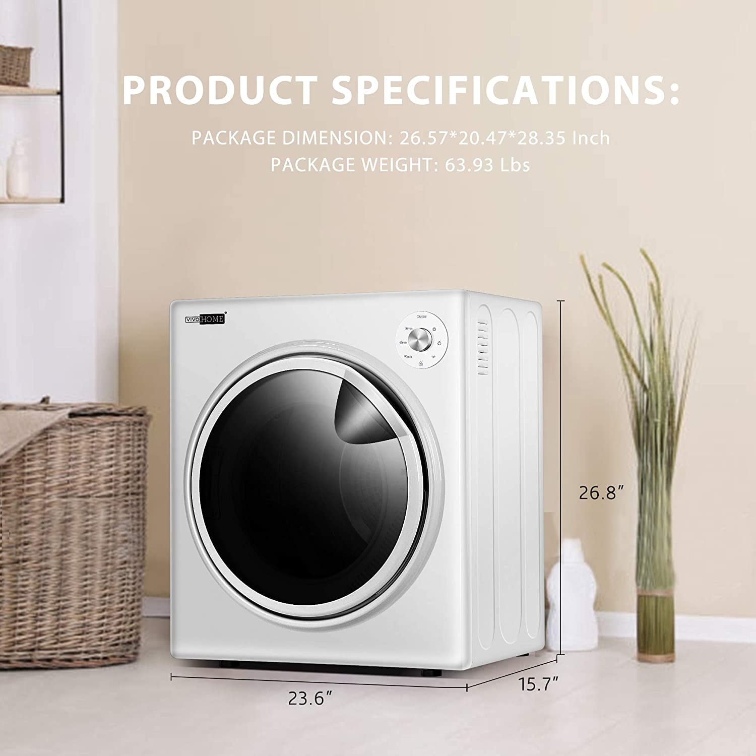 VIVOHOME 1500W Portable Clothes Dryer Machine, 3.5 cu.ft 13Lbs Load, Front Load with Stainless Steel Drum, Adjustable Exhaust Vent