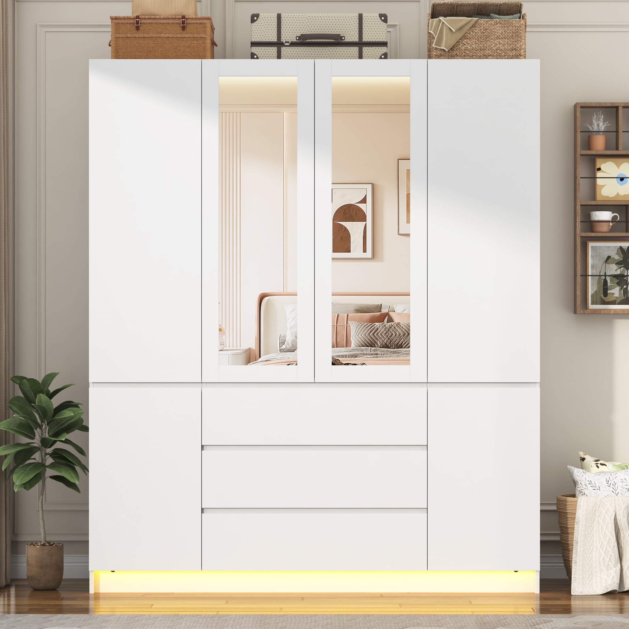 75 Tall 3 Doors Armoire Wardrobe Closet with  3 Drawers and Mirror, Large Wardrobe Closet for Bedroom with LED Lights, Wooden Armoire Storage Cabinet with Hanging Rod, Adjustable shelves (White)