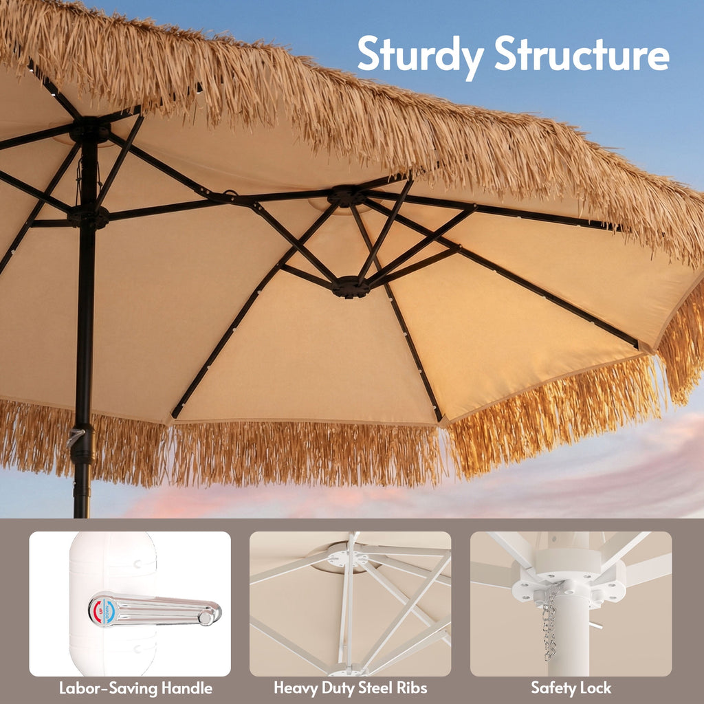 LAZZO 15ft Large Patio Umbrella with Base and Lights, Double-Sided Rectangular Outdoor Deck Umbrella, Tiki Style