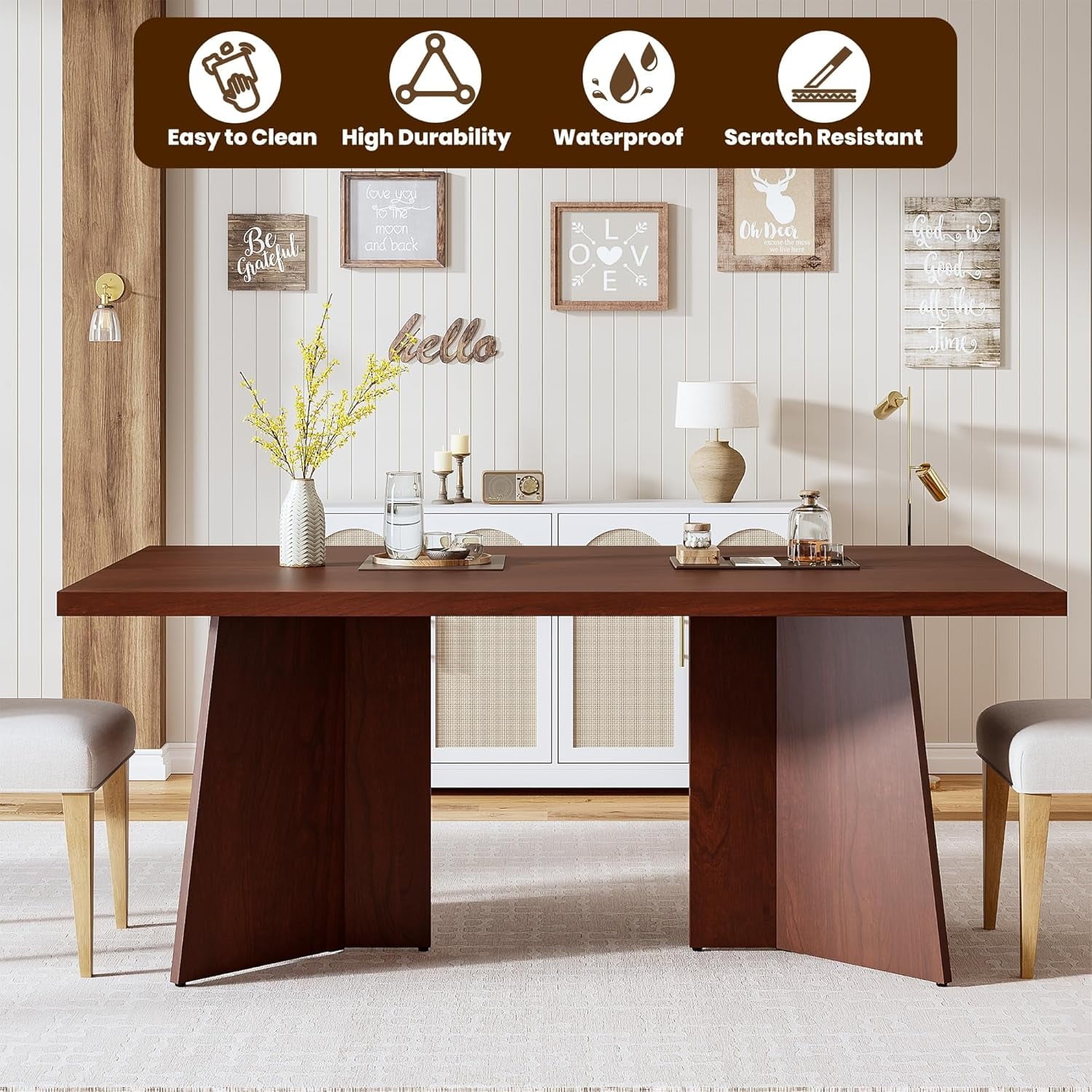 Dining Table for 6-8 People - 63 Modern Long Kitchen Table with Large Tabletop & Heavy Duty Pedestal Legs, Dinner Table for Kitchen, Conference Room, Home, Walnut