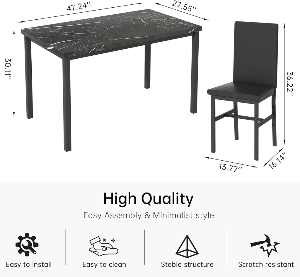 MIERES 5 Piece Dinning Table Sets for 4, Marble Kitchen Table and Chairs for 4,Dining Room Table Set with PU Leather Chairs,Faux Marble Dining Set for Small Spaces,Living Room,White+Brown