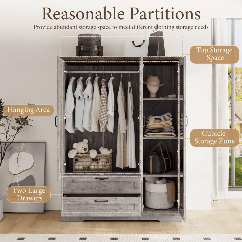 Brafabhome 71H Armoire Wardrobe Closet with 2 Drawers, Farmhouse 2 Doors Armoire Cabinet with Hanging Rod, Modern Freestanding Wardrobe Clothes Cabinet for Bedroom | Gray