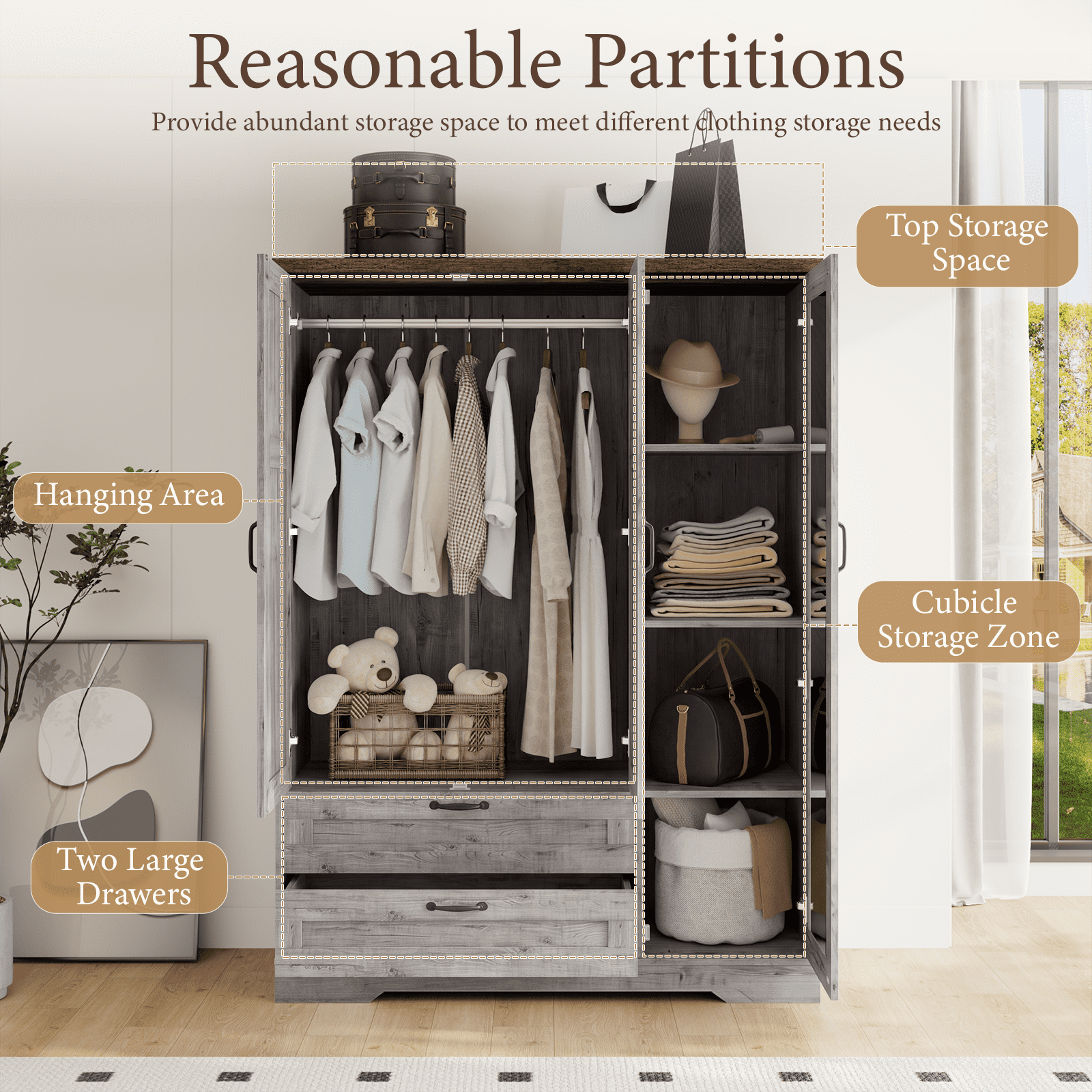 Brafabhome 71H Armoire Wardrobe Closet with 2 Drawers, Farmhouse 2 Doors Armoire Cabinet with Hanging Rod, Modern Freestanding Wardrobe Clothes Cabinet for Bedroom | Gray