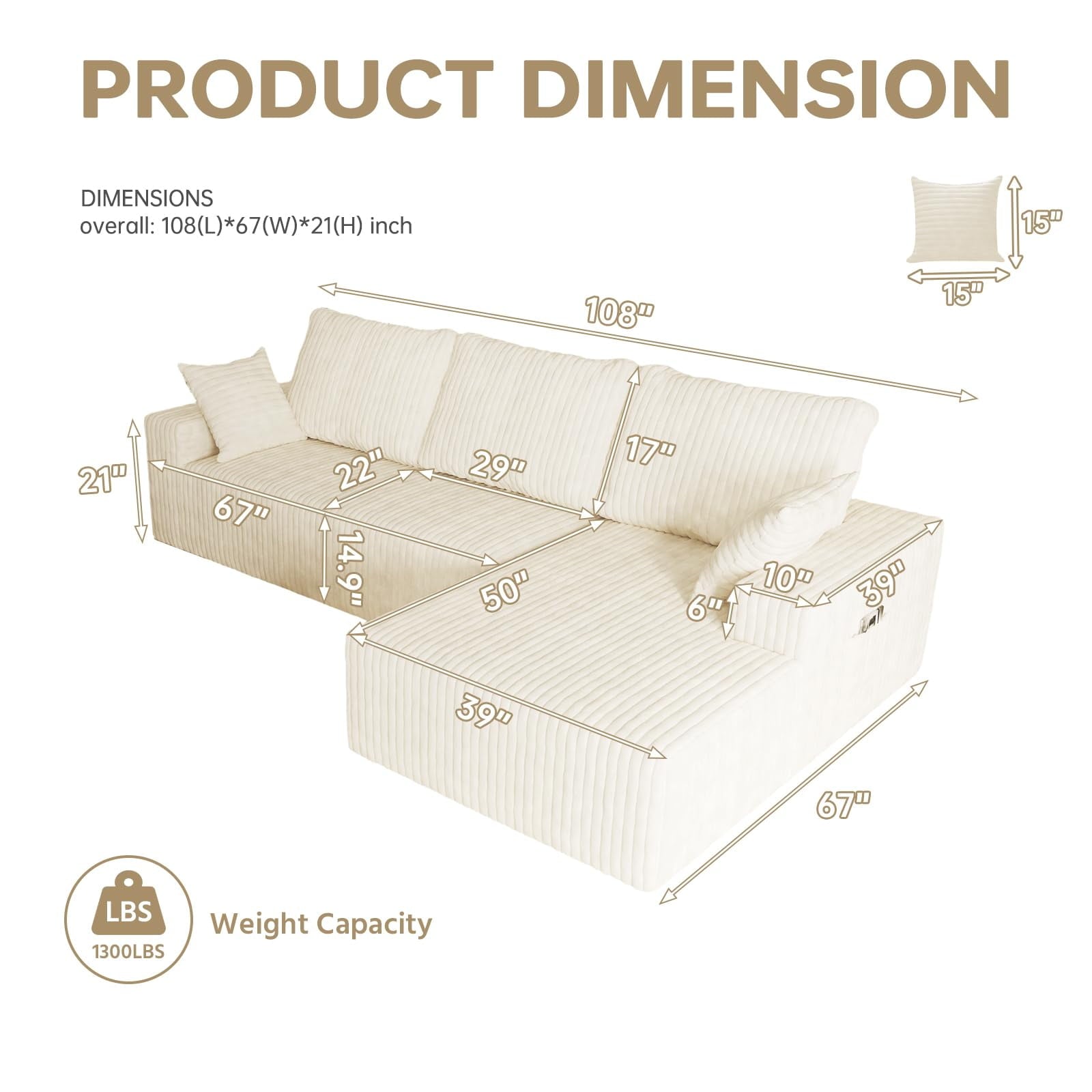 YVDNHP Modular Cloud Sofa - No Assembly Required, 107.8 Oversized L-Shaped Sectional with Chaise, Flannel Fabric Deep Seating Couch for Living Room