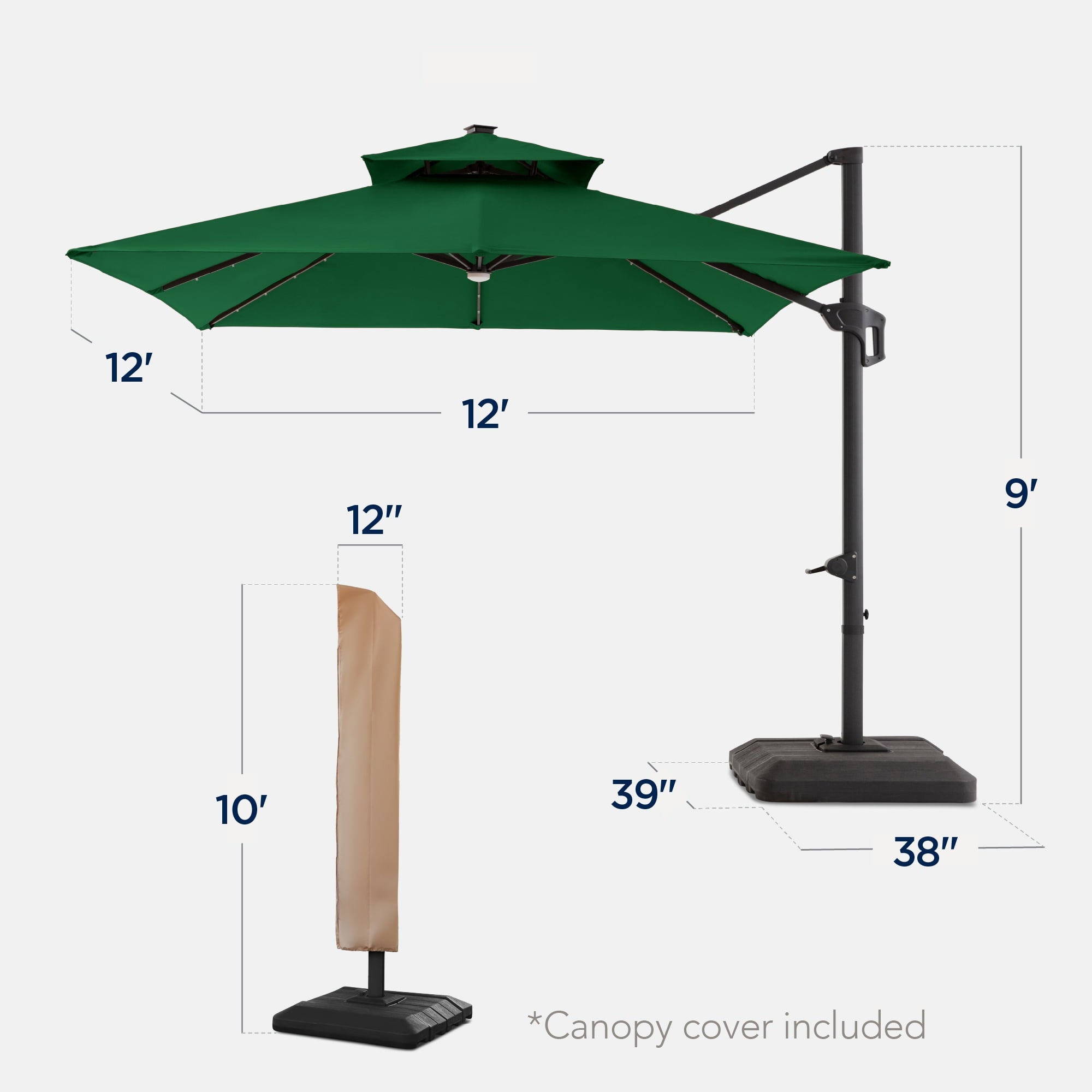 Best Choice Products 12x12ft 2-Tier Square Outdoor Solar LED Cantilever Umbrella w/ 360-Rotating Base   Gray