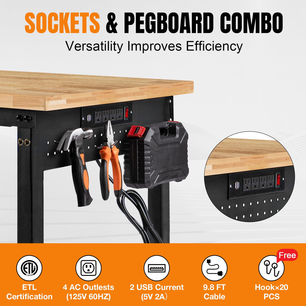 MUWOOD 96x24 Large Workbench with Power Outlets, 5000 LBS Load Capacity Work Benches for Garage, Workshop, Office, Home, Woodworking