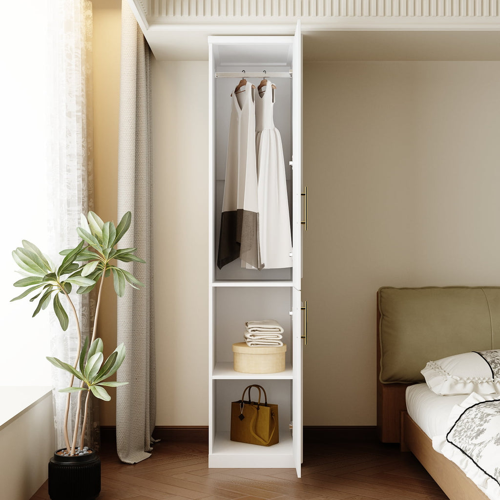 KULAGAGA Wardrobe Closet with Hanging Rod, Modern Wooden Armoire with 4 Framed Doors & 3 Large Shelves, Clothes Storage Cabinet Organizer for Bedroom Apartment, White