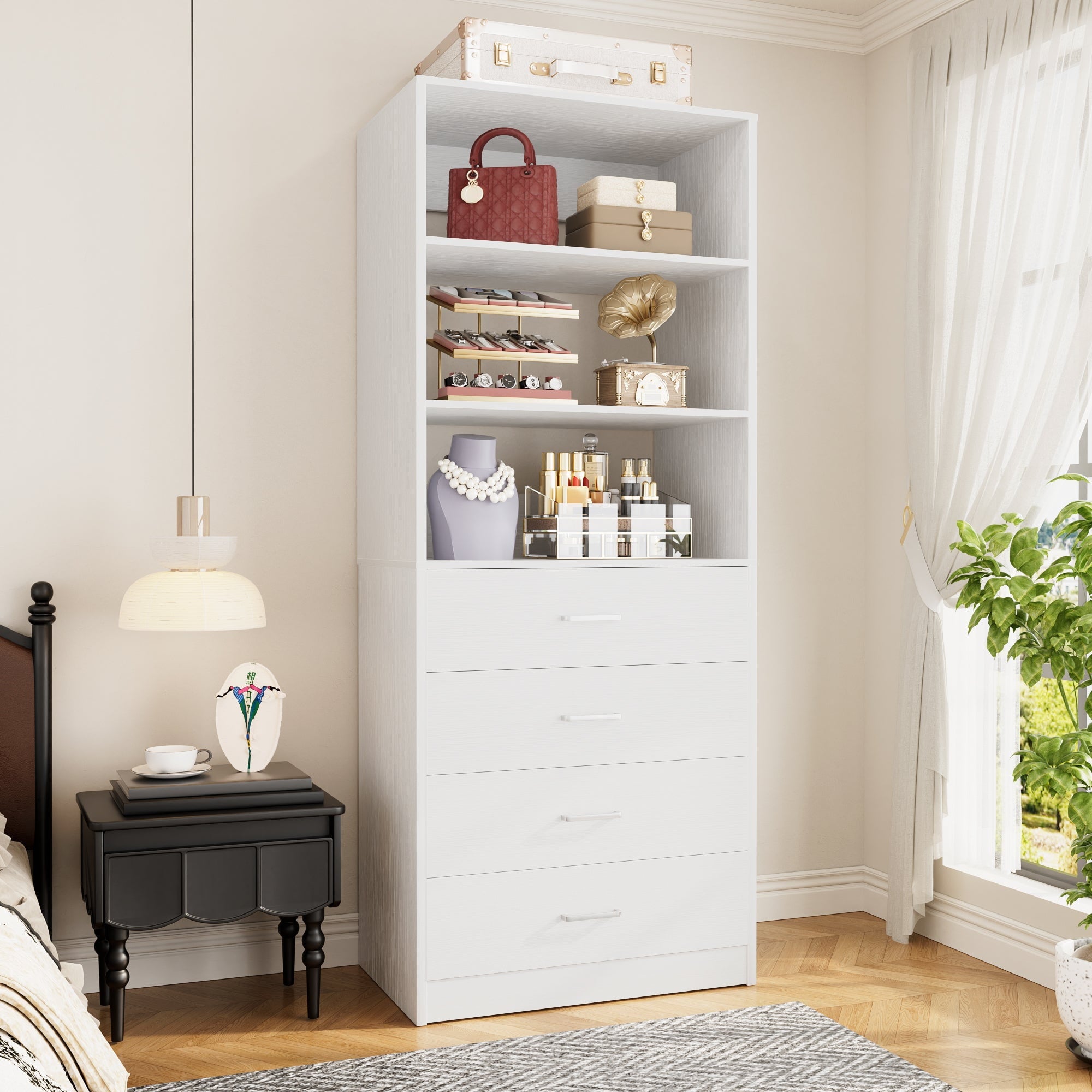 Homieasy 21.3 Inch Freestanding Closet System with 4 Wood Drawers and 3 Shelves for Walk-in Closet, Bedroom, White
