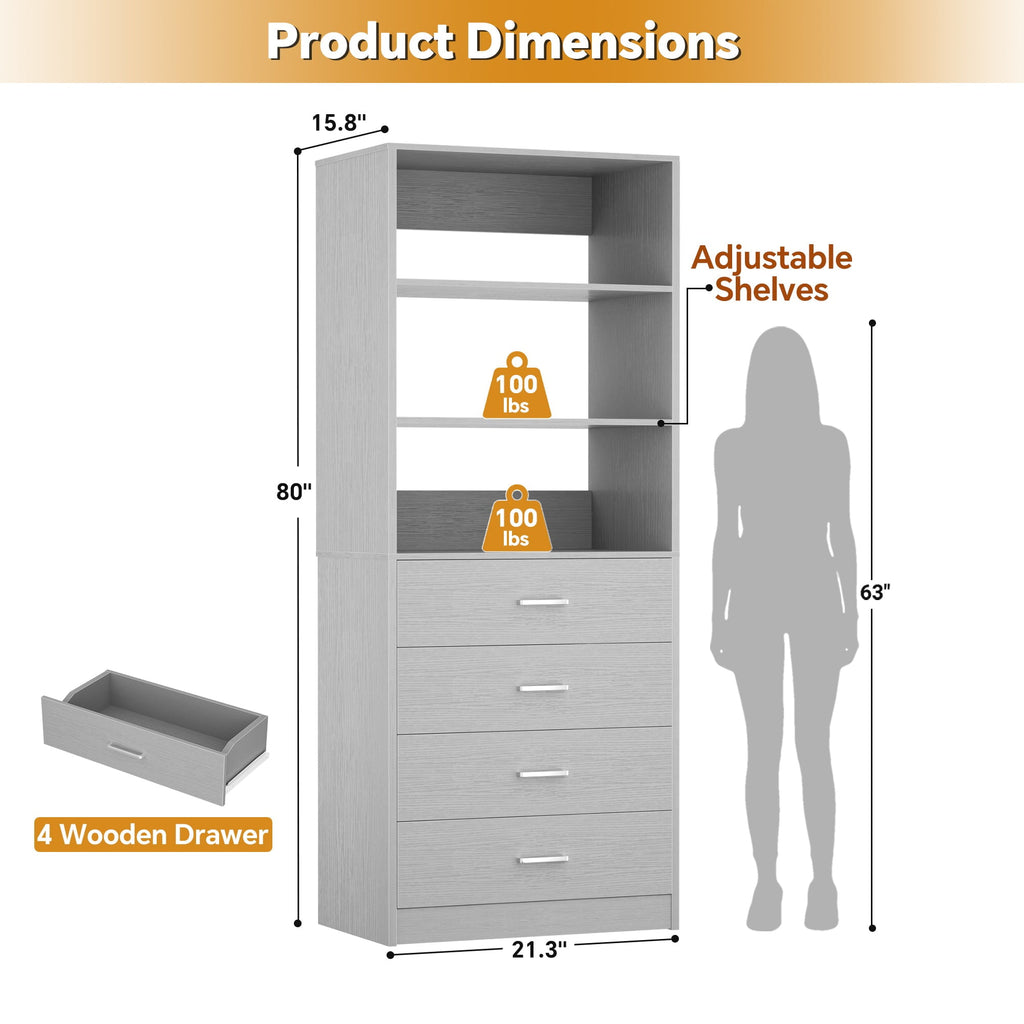 Homieasy 21.3 Inch Freestanding Closet System with 4 Wood Drawers and 3 Shelves for Walk-in Closet, Bedroom, White