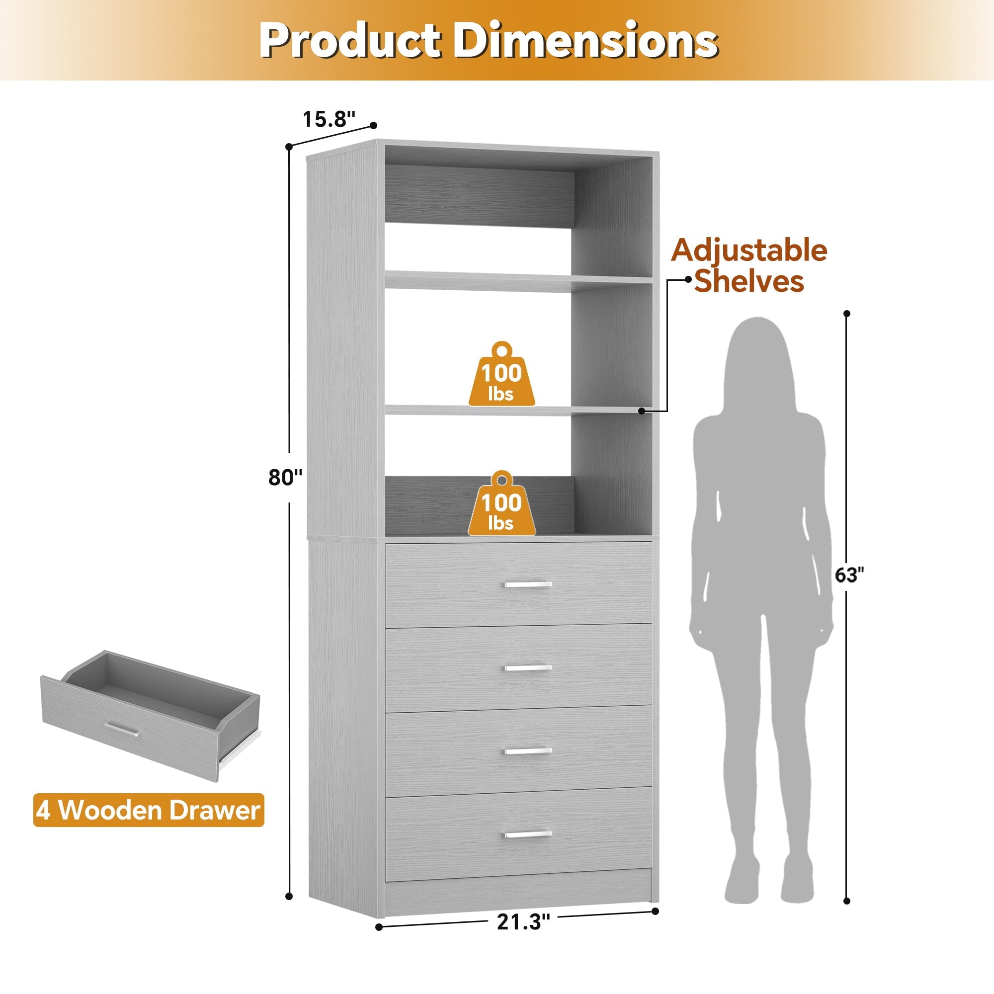 Homieasy 21.3 Inch Freestanding Closet System with 4 Wood Drawers and 3 Shelves for Walk-in Closet, Bedroom, White