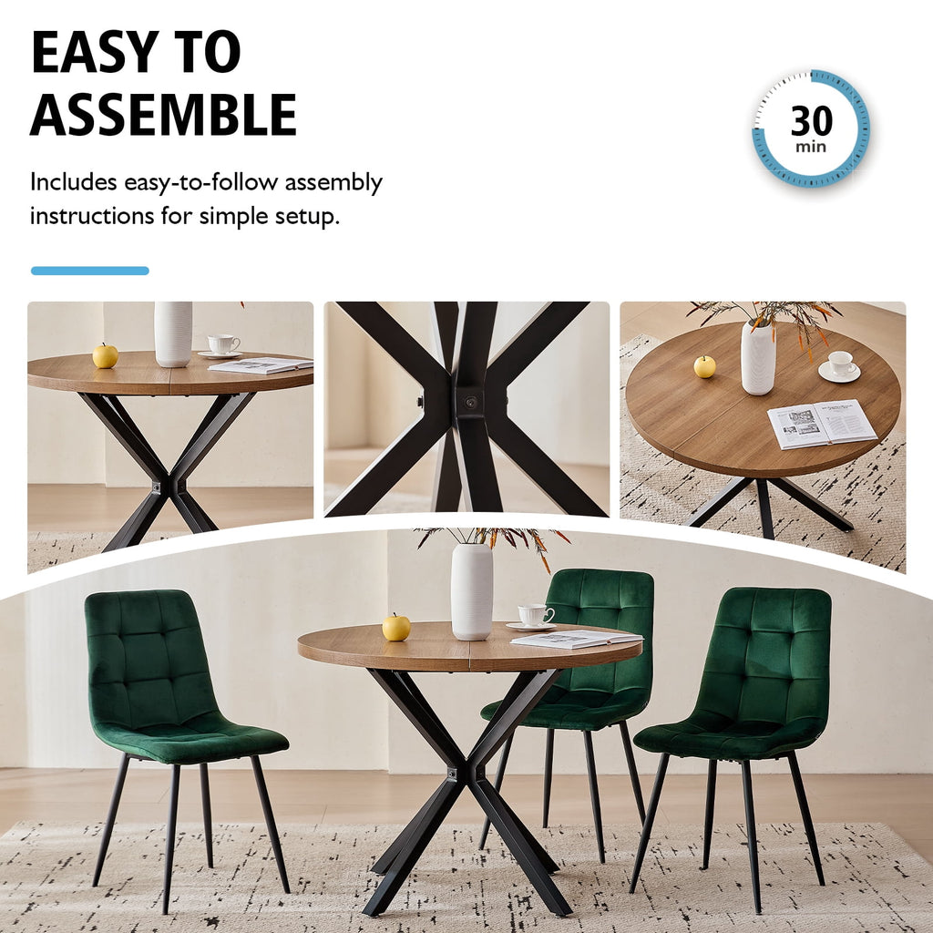 5 Piece 39 Round Dining Table Set for 4, Mid Century Kitchen Table with 4 Khaki Fabric Upholstered Dining Chairs for Apartment Living Room, Space Saving Table.
