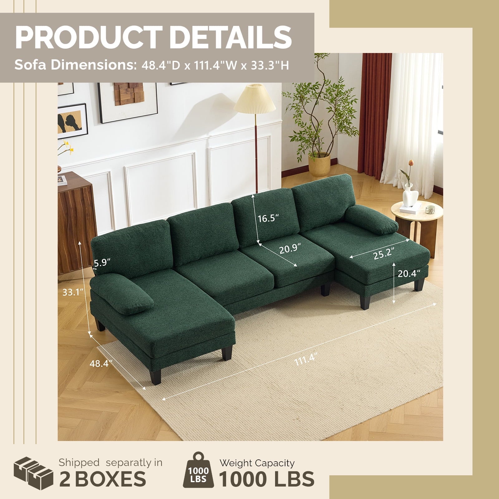 Ktaxon U-Shaped Sectional Sofa Set with Chaise, 4-Seater Blended Chenille Couch for Living Room, Apartment, Easy Assembly Khaki