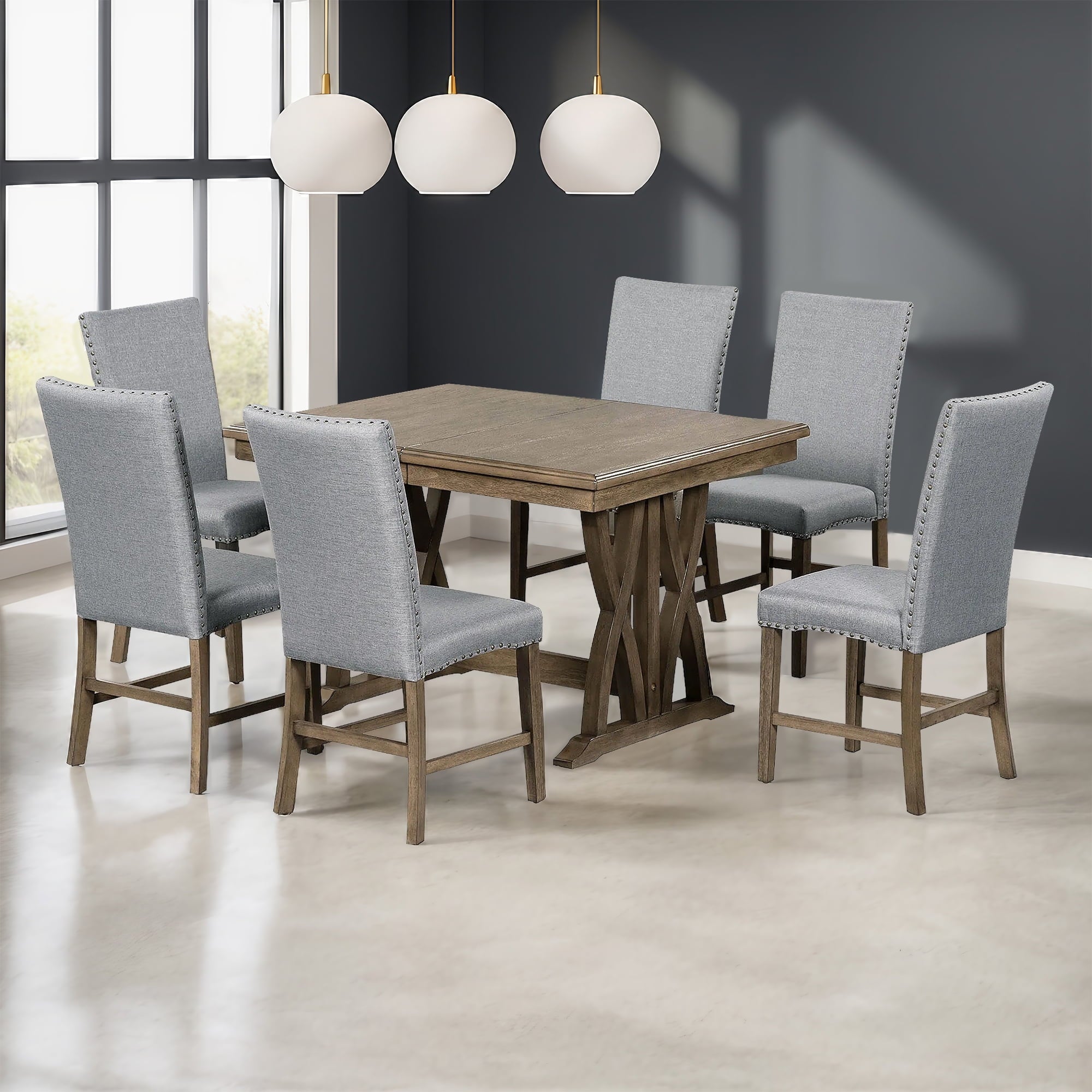 Harper & Bright Designs 7 Pieces Retro Dining Set for 6, Wood Rectangular Table with Designed Trestle Base and 6 Upholstered Chairs for Dining Room and Kitchen, Grey