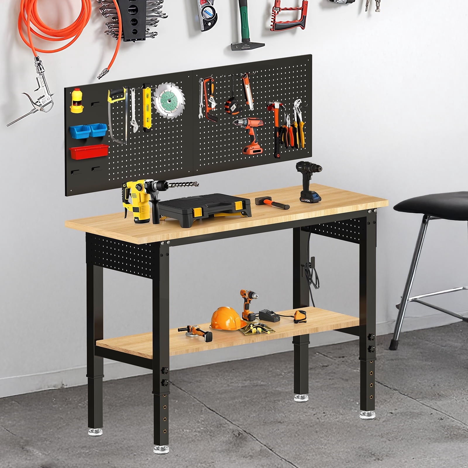 60 inch Workbench for Garage, Heavy-Duty 2 Tier Wood Work Bench with Storage Pegboards, Hooks, Power Outlets, Rubber Wood Tabletop 2000 LBS Load Bearing Workstation Garage Desk Work Table