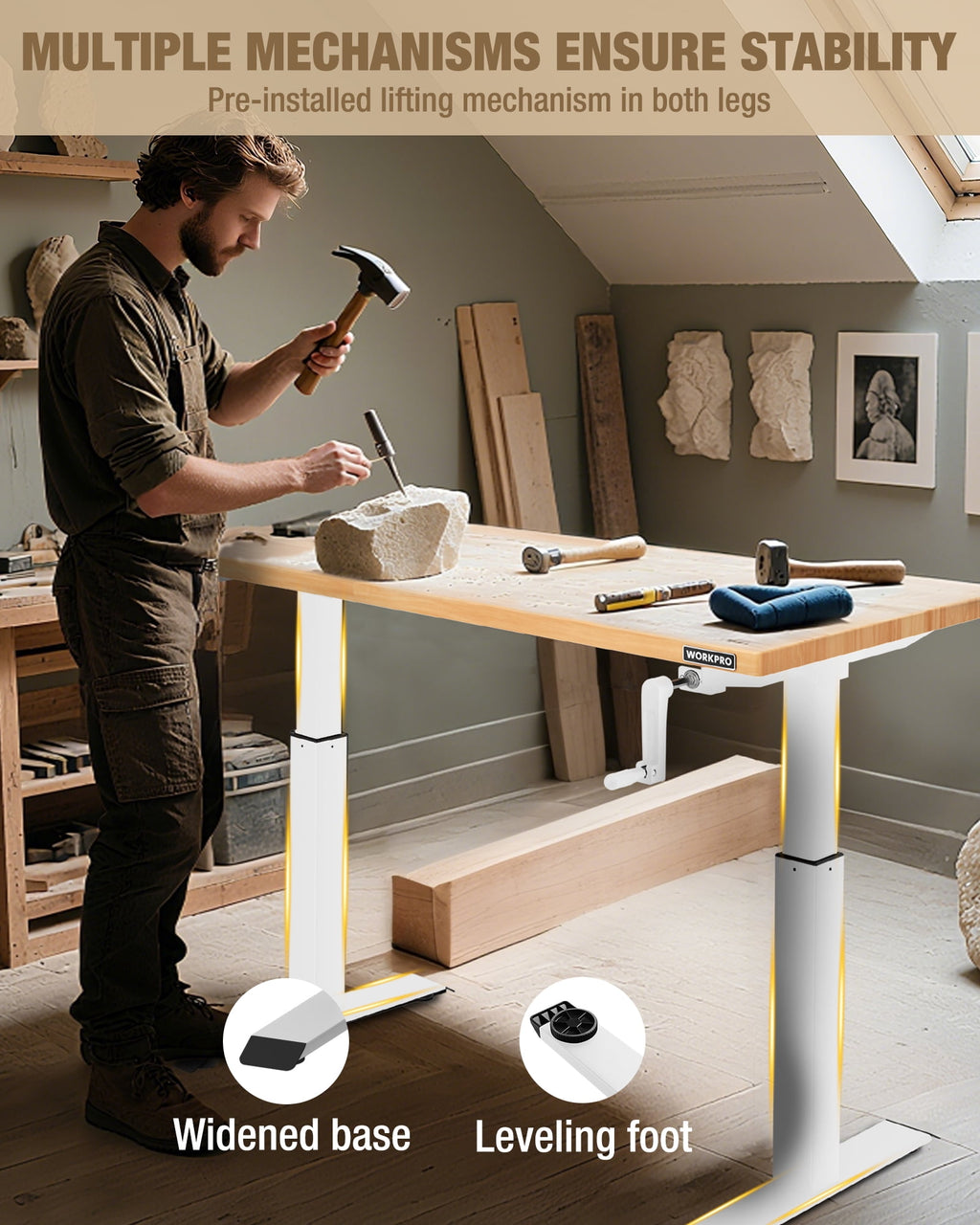 WORKPRO 300 lbs Height Adjustable Workbench with Crank Handle, 47.2x 23.6 Rubberwood Work Table, Comfortable Standing Desk for Home Workshop Office, White