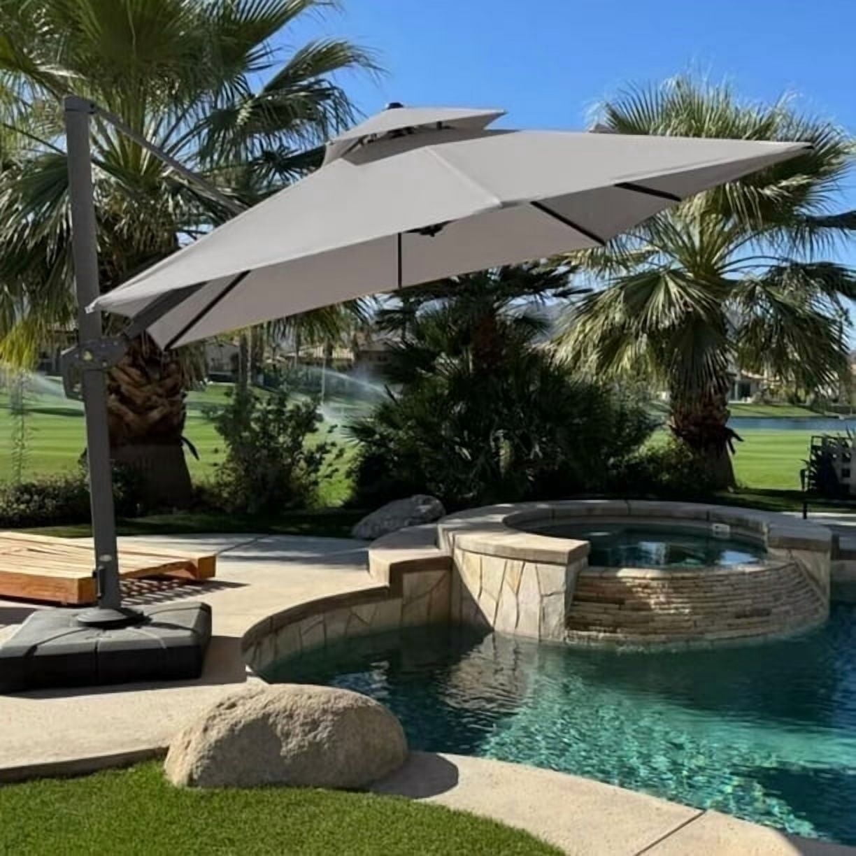 PURPLE LEAF Cantilever Umbrellas 12FT Square Large Patio Umbrella Offset Umbrella with 360°Rotation Tilting And Hanging Double Top, Grey