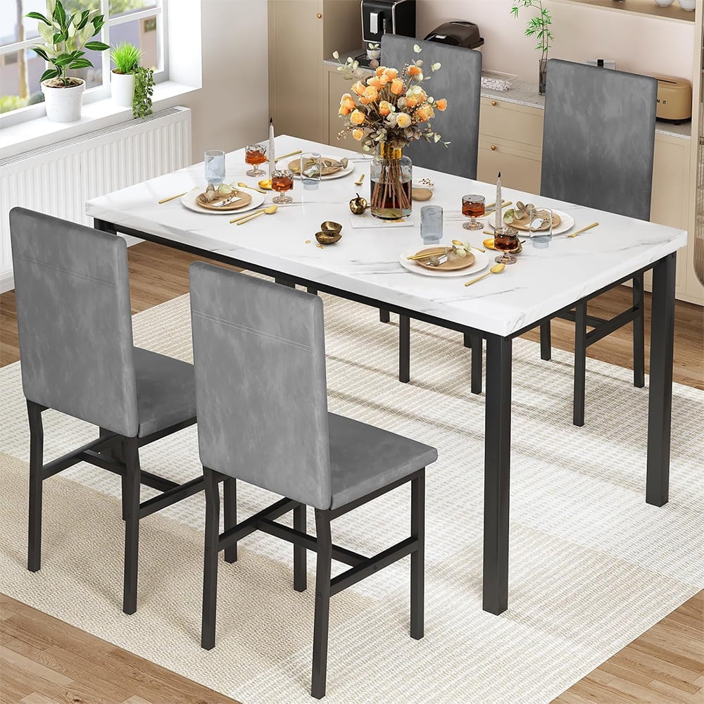 LinkRomat 5-Piece Faux Marble Dining Table Set for 4, Modern Kitchen Table with Chairs, Dinette Dining Room Furniture Set for Compact Space Saving